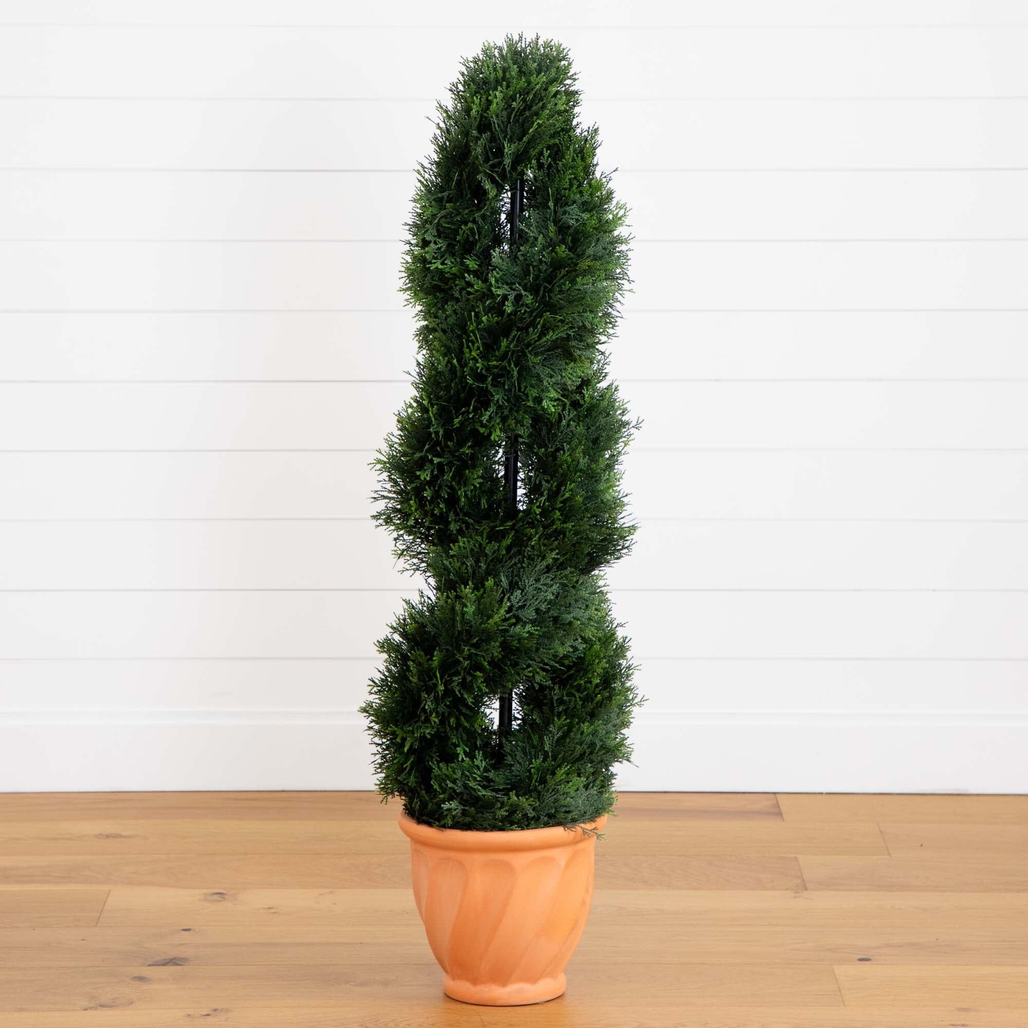 4.5’ Double Cypress Topiary Artificial Tree in Terracotta Planter (Indoor or Outdoor)