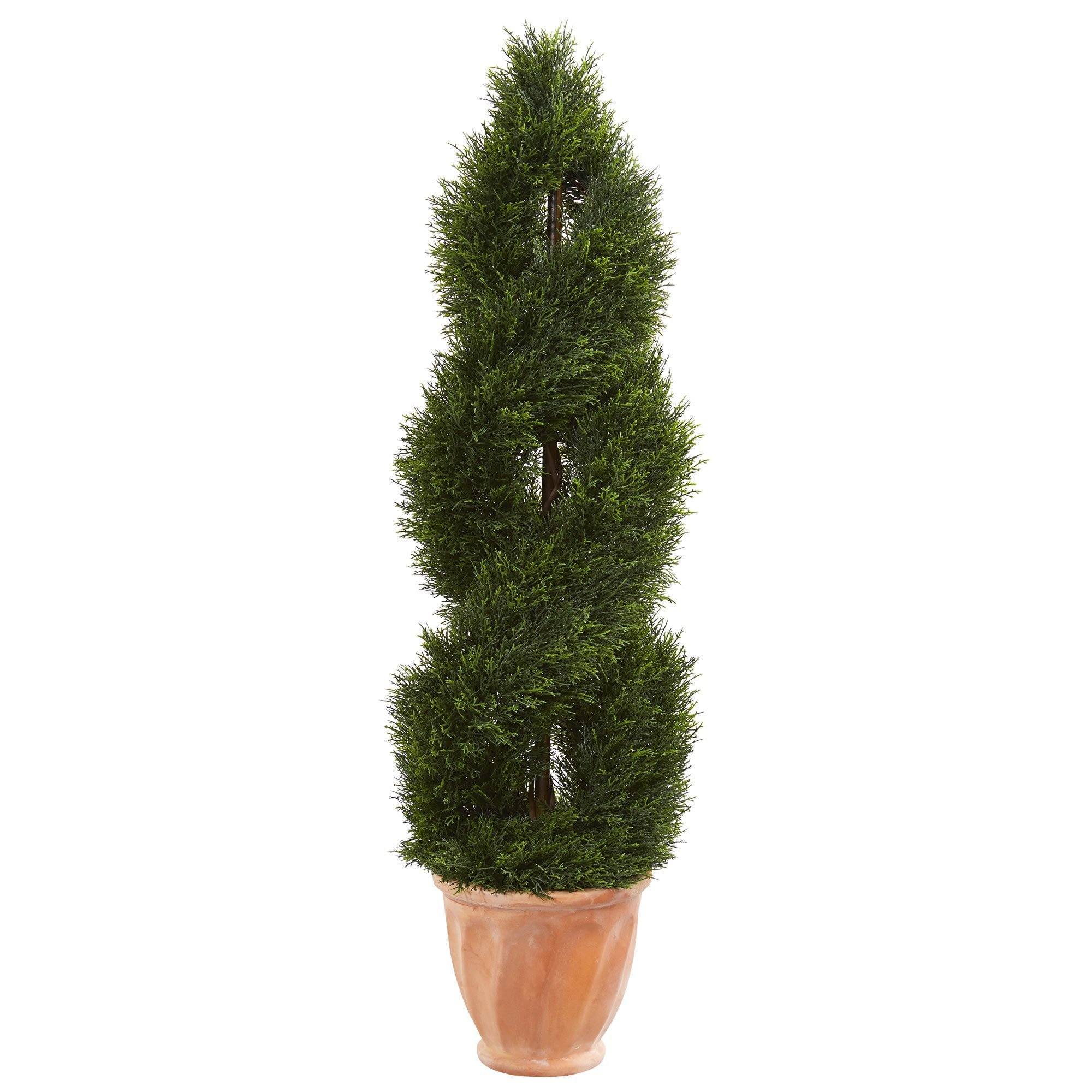 4.5’ Double Cypress Topiary Artificial Tree in Terracotta Planter (Indoor or Outdoor)