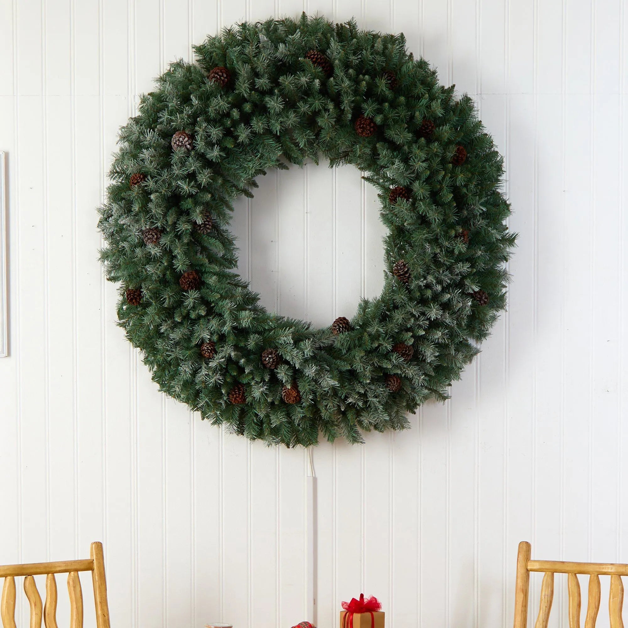 5’ Giant Flocked Christmas Wreath with Pinecones, 400 Clear LED Lights and 760 Bendable Branches