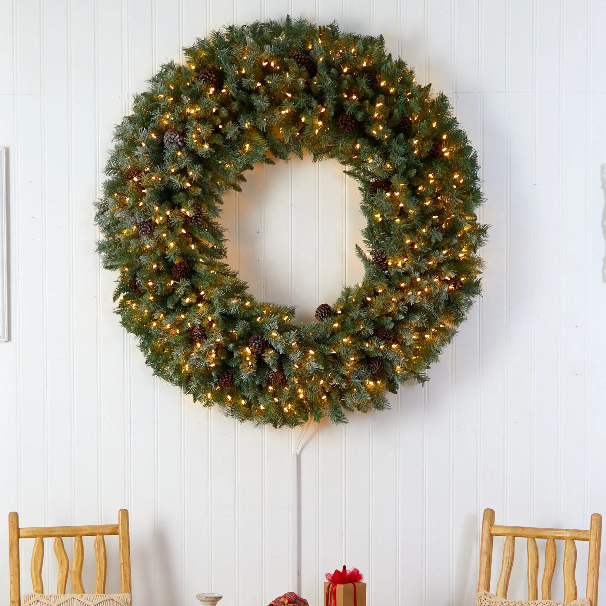 5’ Giant Flocked Christmas Wreath with Pinecones, 400 Clear LED Lights and 760 Bendable Branches