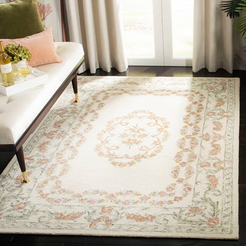 Aubusson Wool Rug in Ivory and Pink