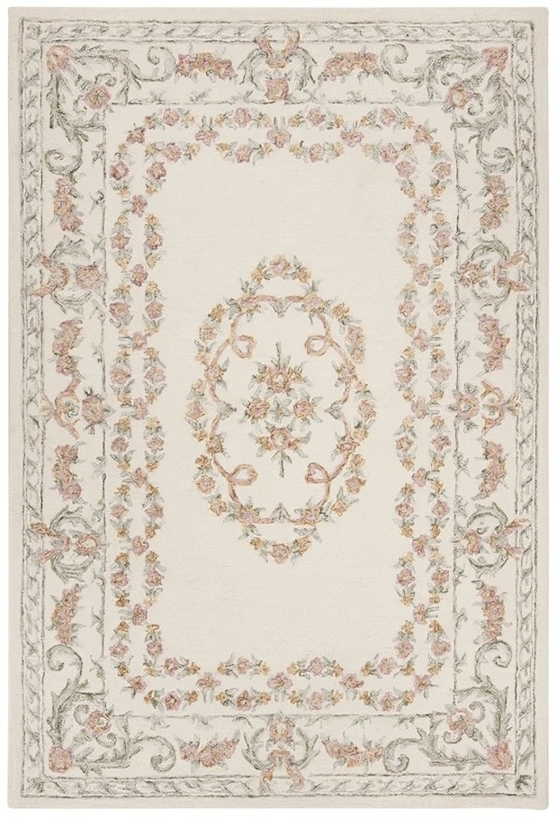 Aubusson Wool Rug in Ivory and Pink