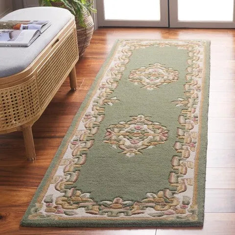 Aubusson Wool Rug in Green and Ivory