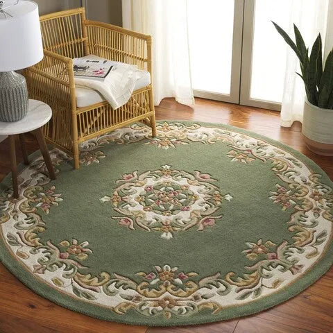 Aubusson Wool Rug in Green and Ivory