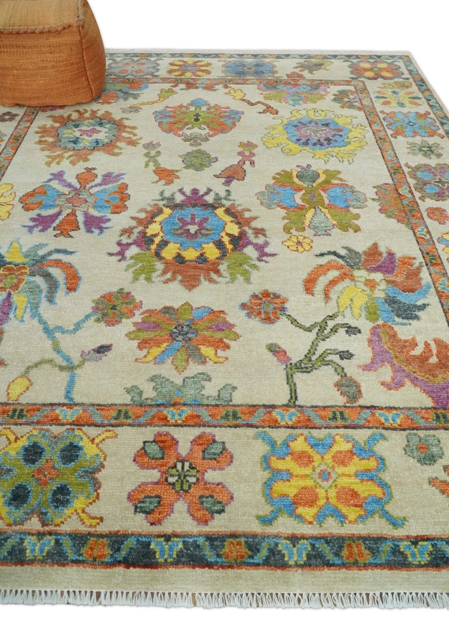 Vibrant Colorful Beige and Rust Traditional Oushak Custom Made wool Area Rug