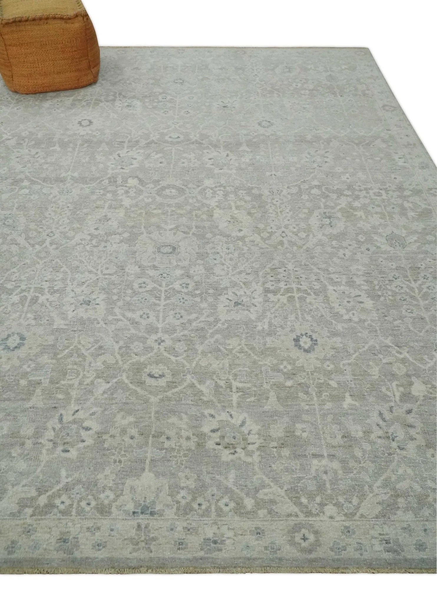 Beige and Silver Custom Made Antique Style Distressed Finished Low Pile wool Area Rug