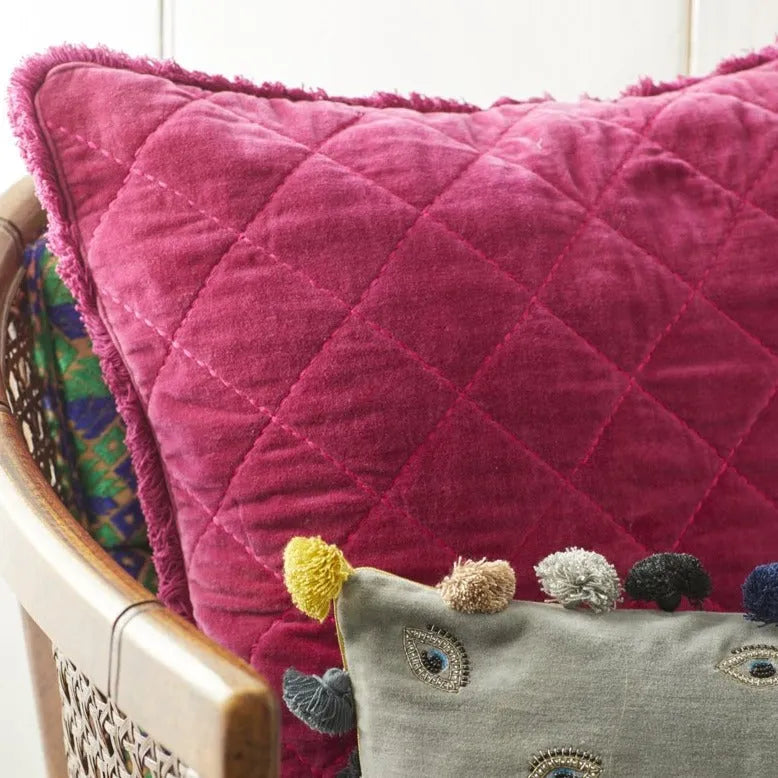 Quilted velvet fringe pillow, berry