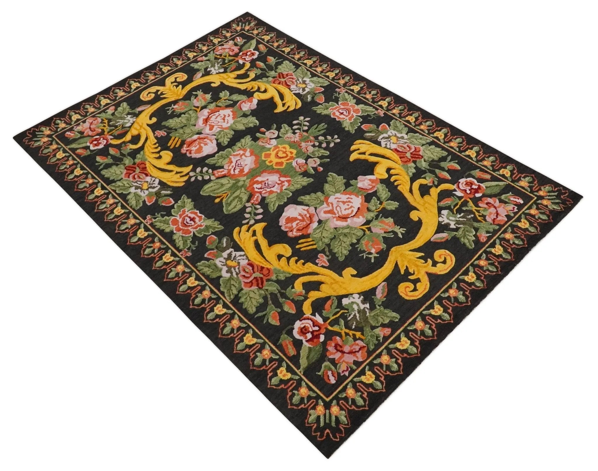 5x7 Flatwoven Soumak Black, Green, Gold and Pink Flower Wool Floral Design Rug| KNT29