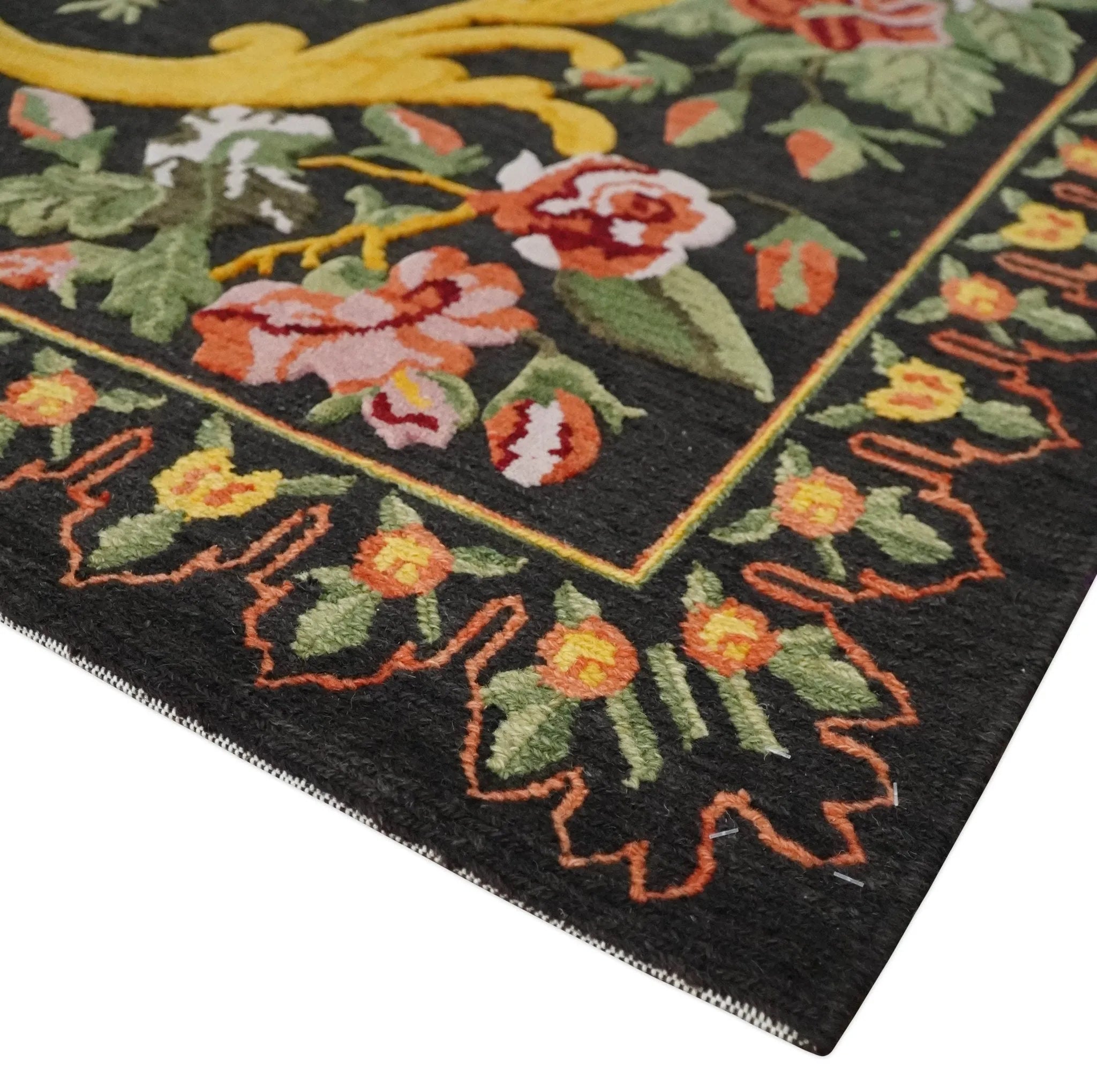 5x7 Flatwoven Soumak Black, Green, Gold and Pink Flower Wool Floral Design Rug| KNT29