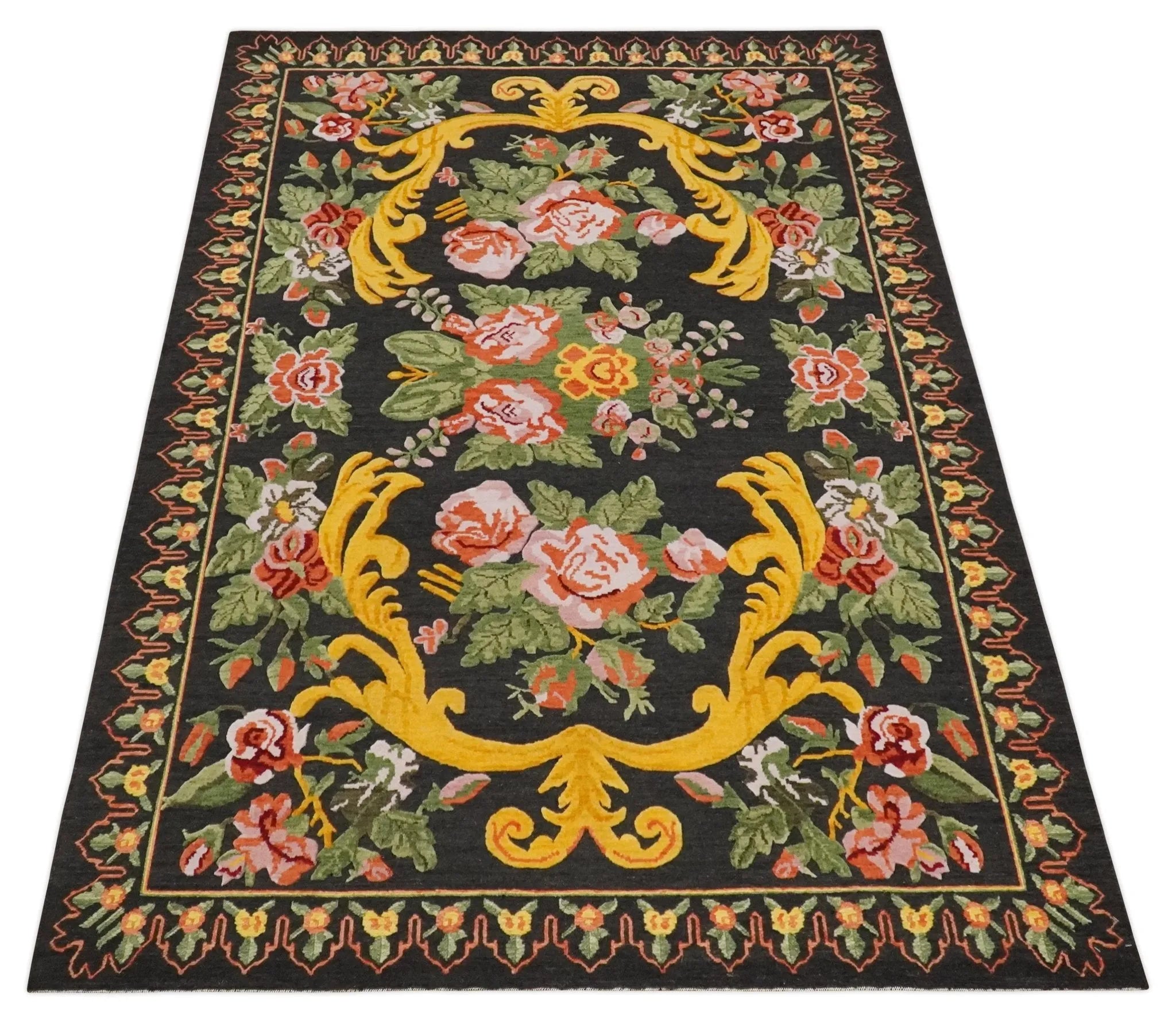 5x7 Flatwoven Soumak Black, Green, Gold and Pink Flower Wool Floral Design Rug| KNT29