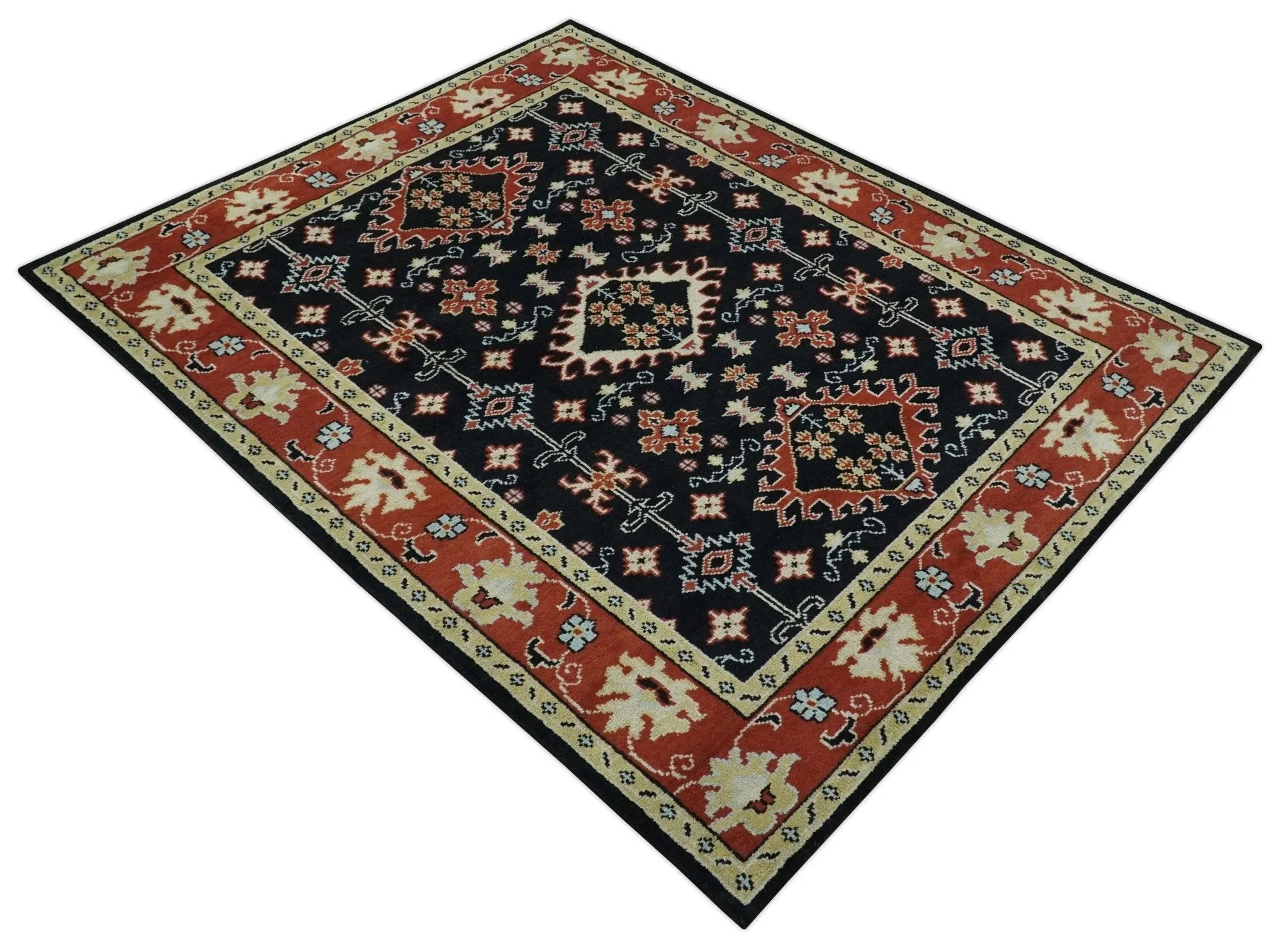 Black, Rust and Beige Traditional Oriental Hand Knotted Custom Made Wool Area Rug