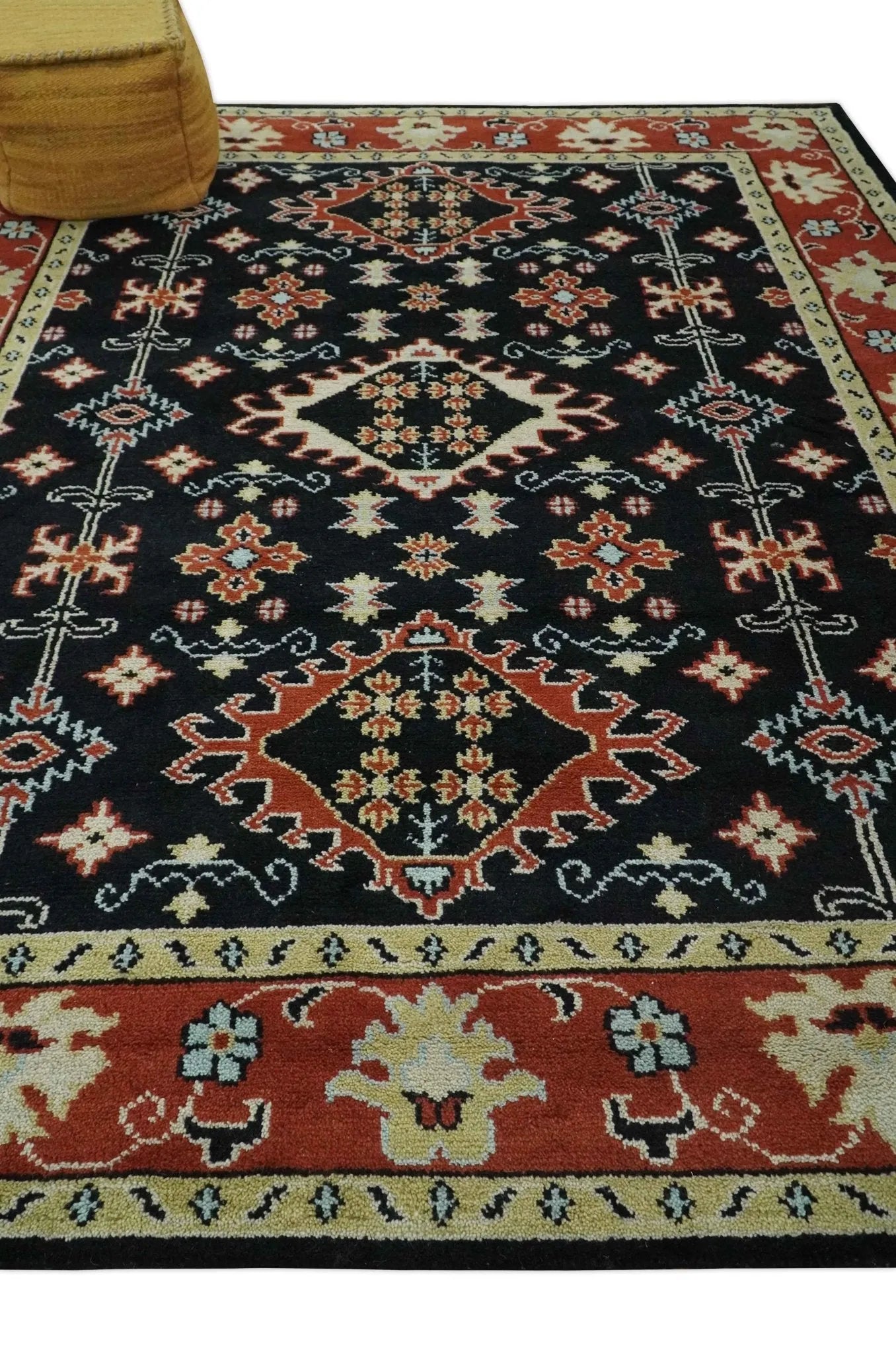 Black, Rust and Beige Traditional Oriental Hand Knotted Custom Made Wool Area Rug