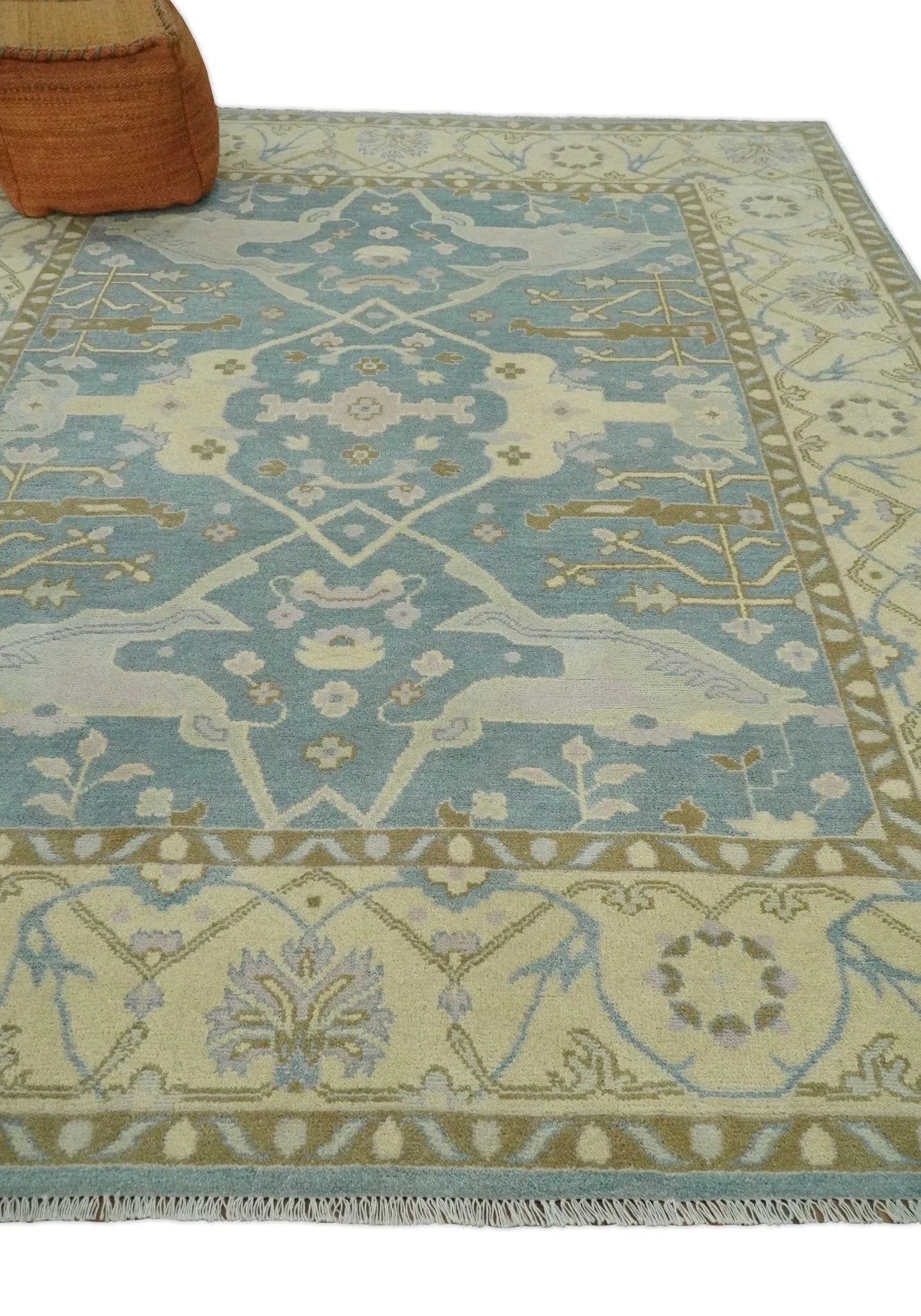 Blue and Beige Hand Knotted 8x10 Oriental Oushak Wool Area Rug | TRDCP1173810