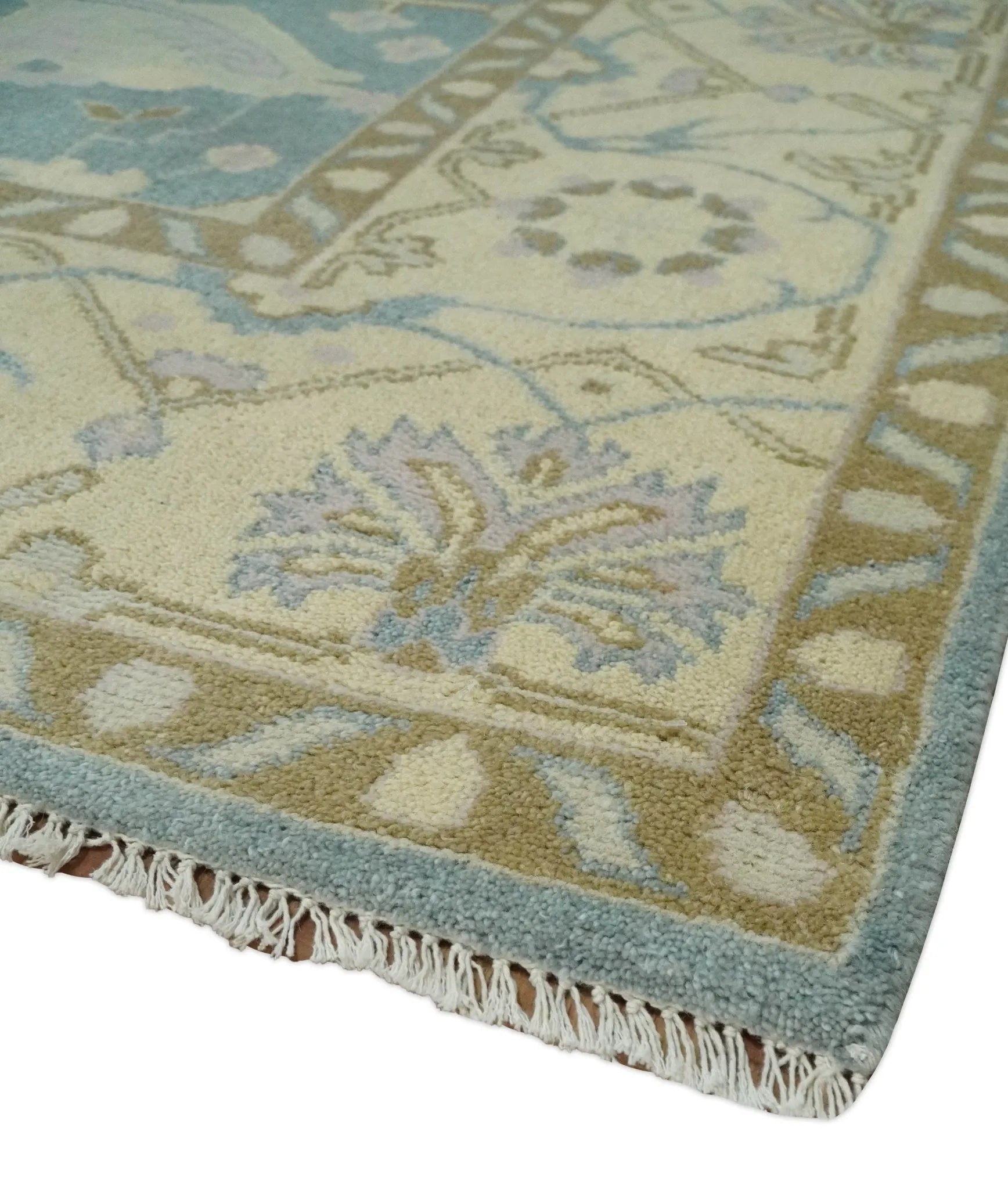 Blue and Beige Hand Knotted 8x10 Oriental Oushak Wool Area Rug | TRDCP1173810