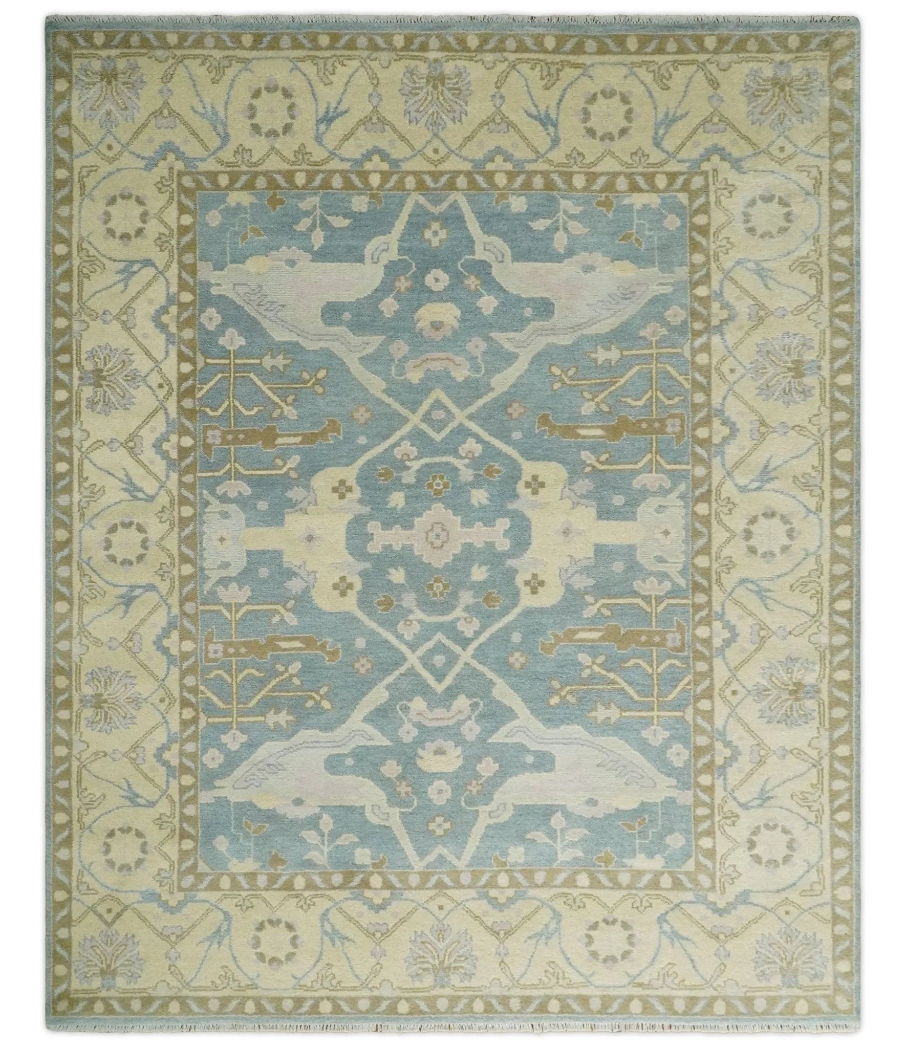 Blue and Beige Hand Knotted 8x10 Oriental Oushak Wool Area Rug | TRDCP1173810