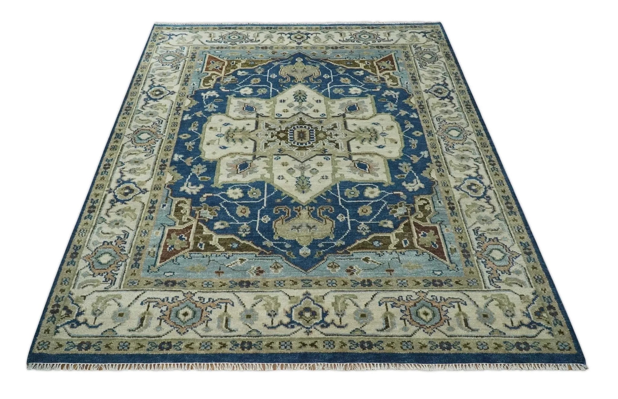 Antique look Blue, Ivory and Olive Traditional Heriz Medallion Multi Size wool Area Rug