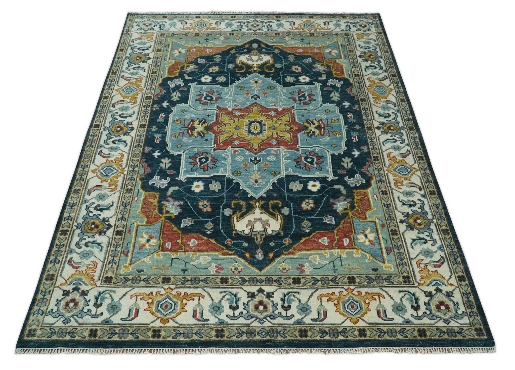 Custom Made Blue and Ivory Hand Knotted Modern Turkish Medallion Design Wool Area Rug