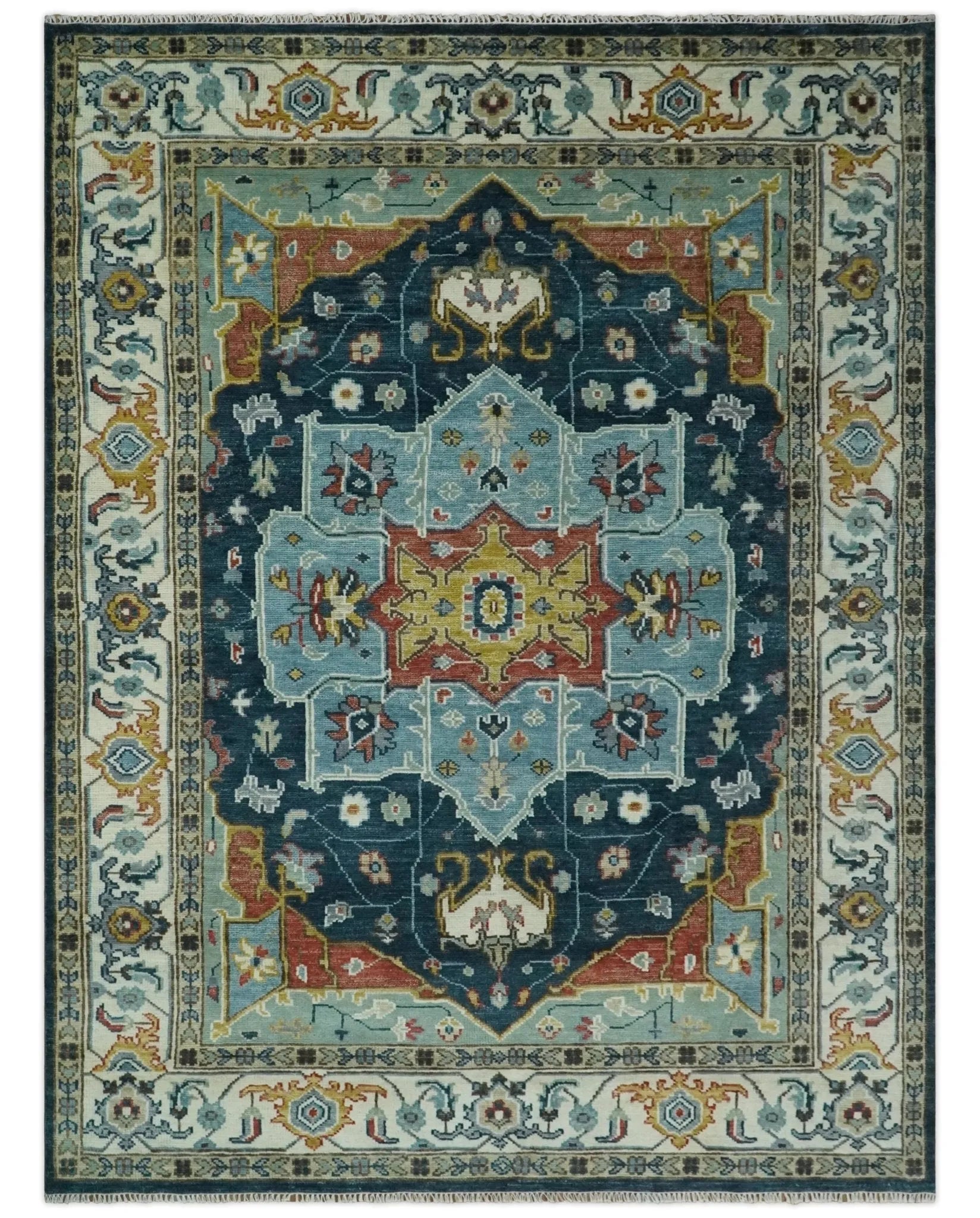 Custom Made Blue and Ivory Hand Knotted Modern Turkish Medallion Design Wool Area Rug