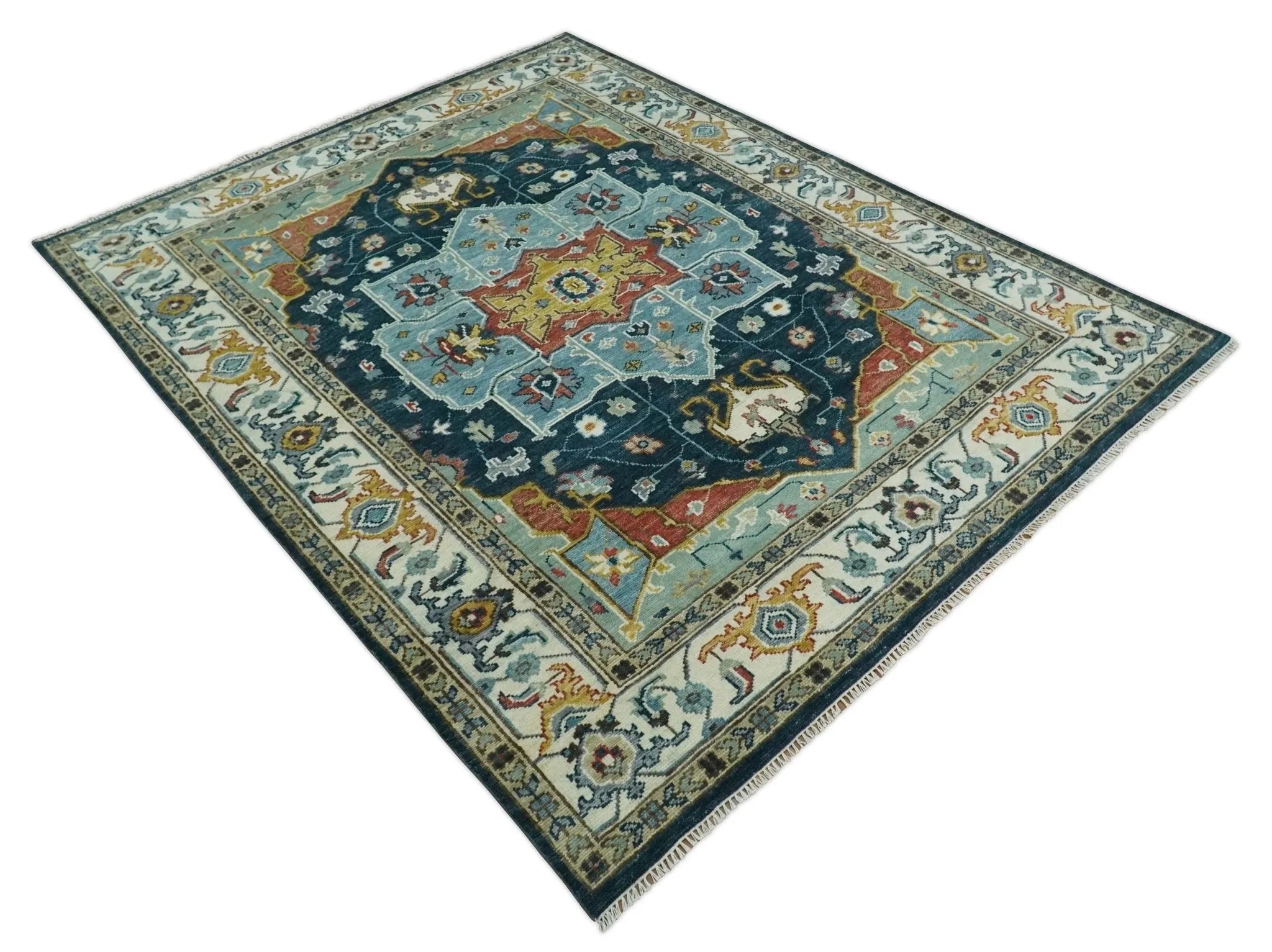 Custom Made Blue and Ivory Hand Knotted Modern Turkish Medallion Design Wool Area Rug