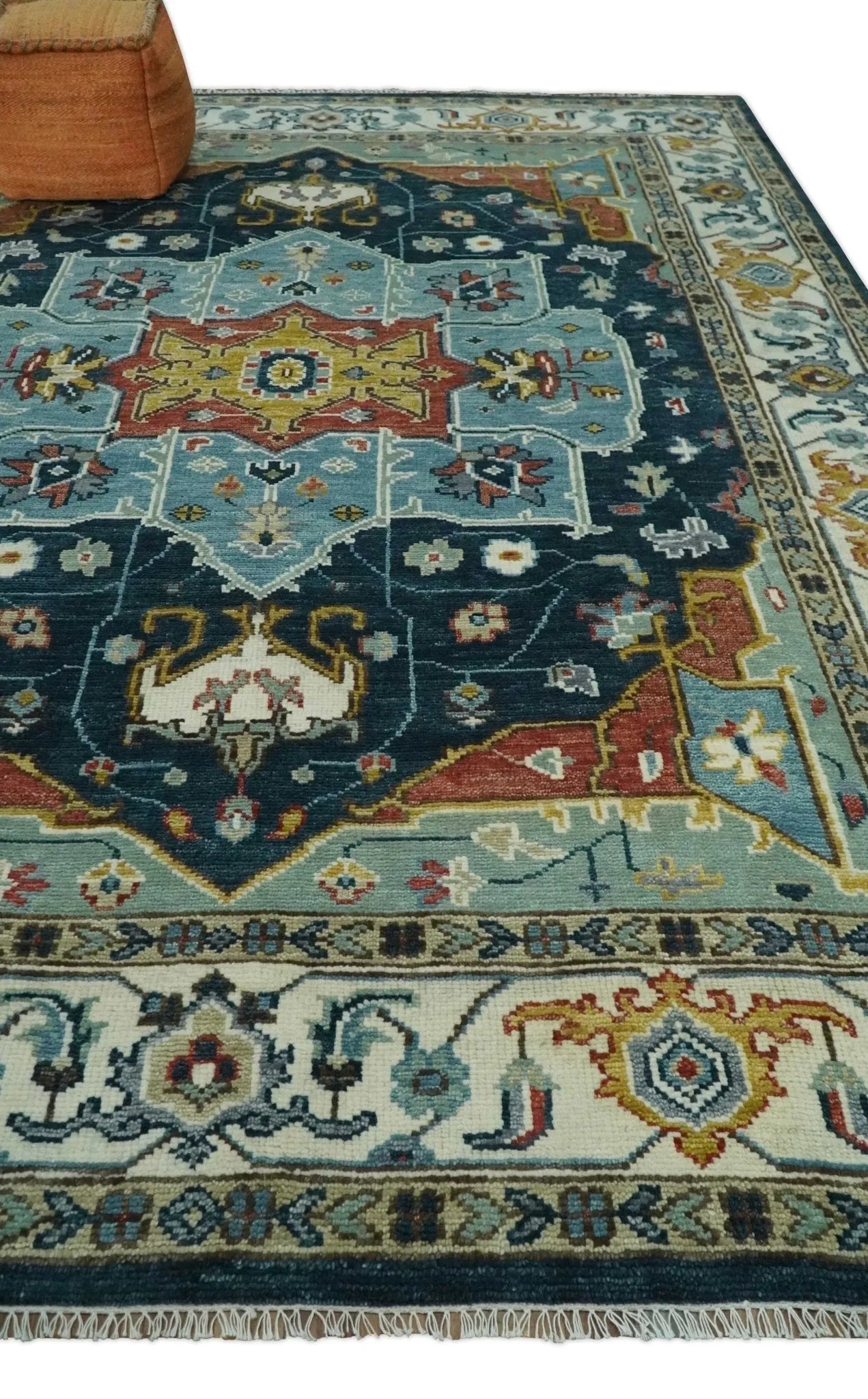 Custom Made Blue and Ivory Hand Knotted Modern Turkish Medallion Design Wool Area Rug