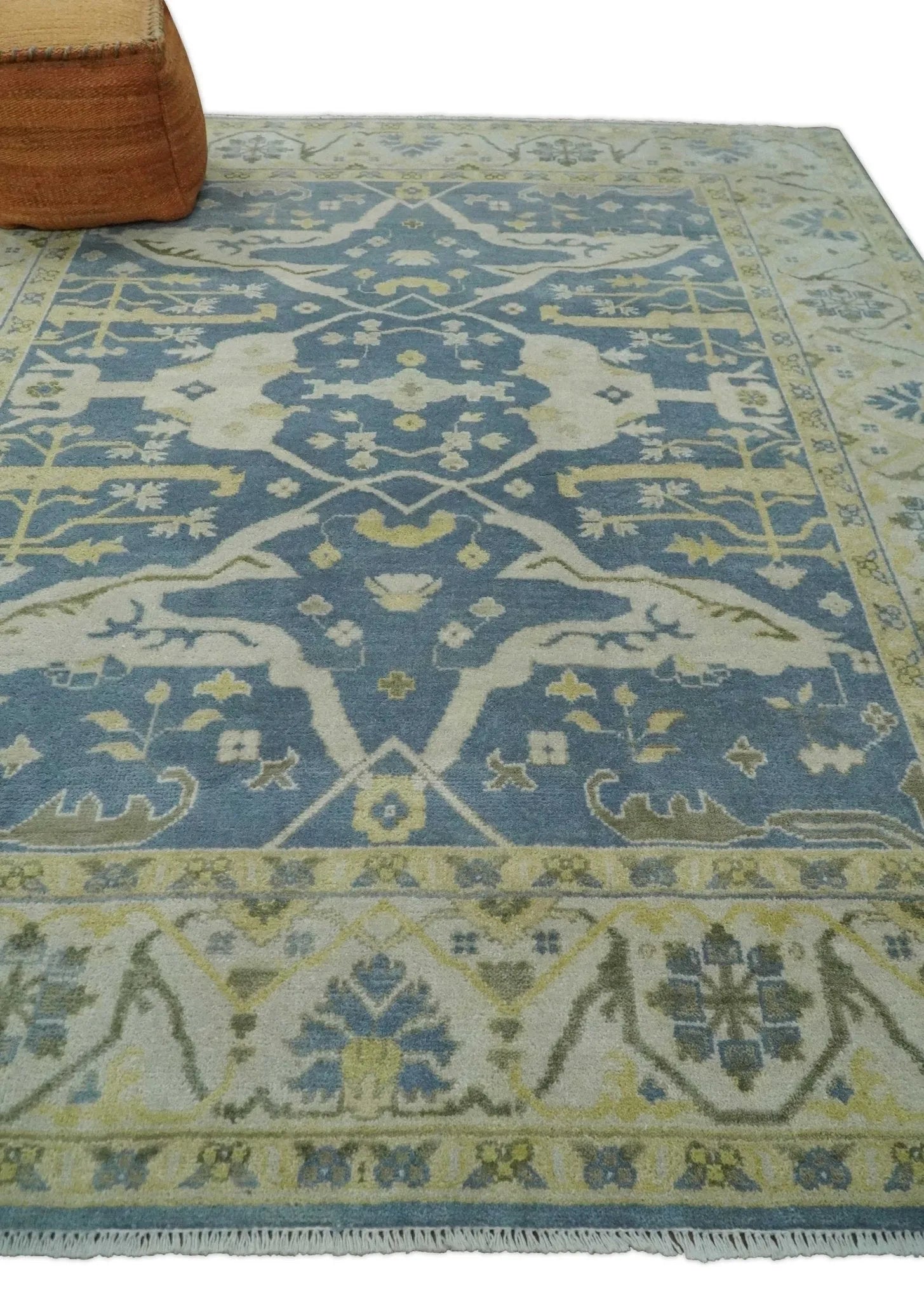 Blue, Ivory and Beige Hand Knotted 8x10 Oriental Oushak  Wool Area Rug | TRDCP1176810