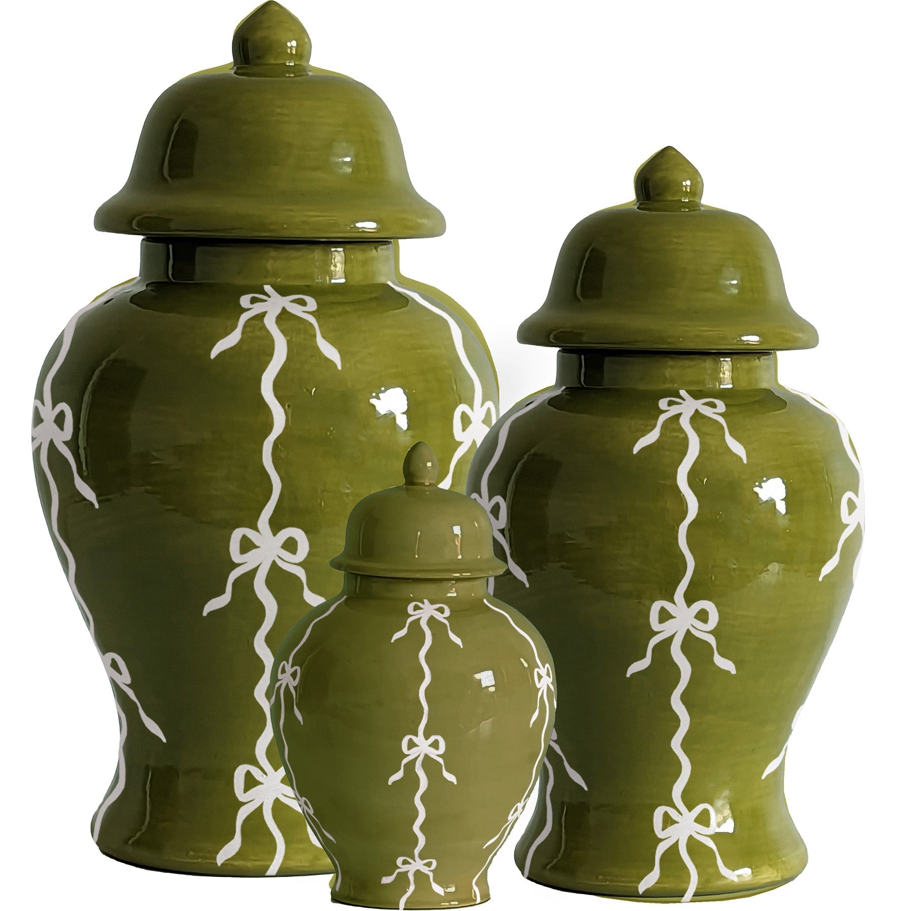 Bow Stripe Ginger Jars in Moss Green