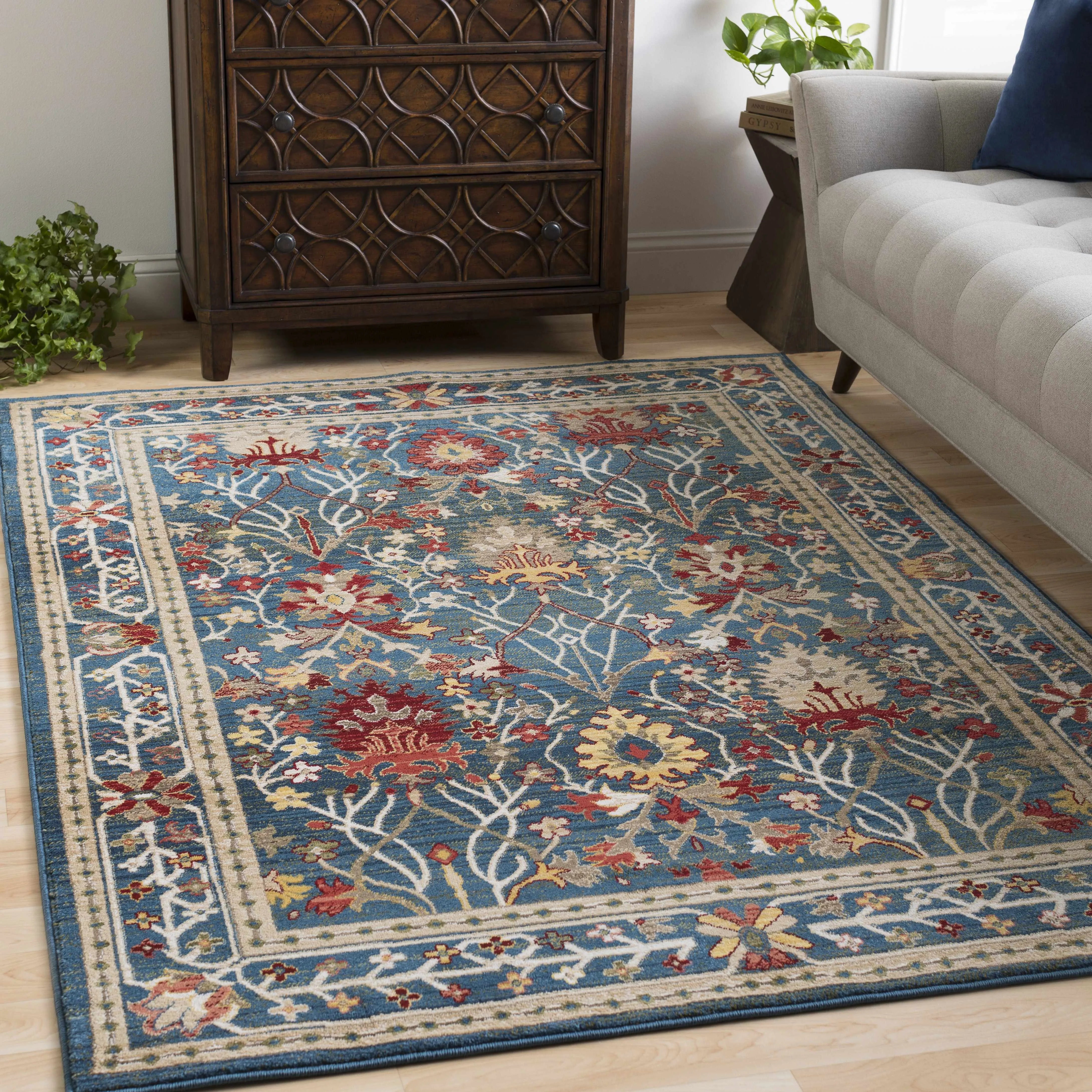 Neola Navy Blue Damask Area Rug