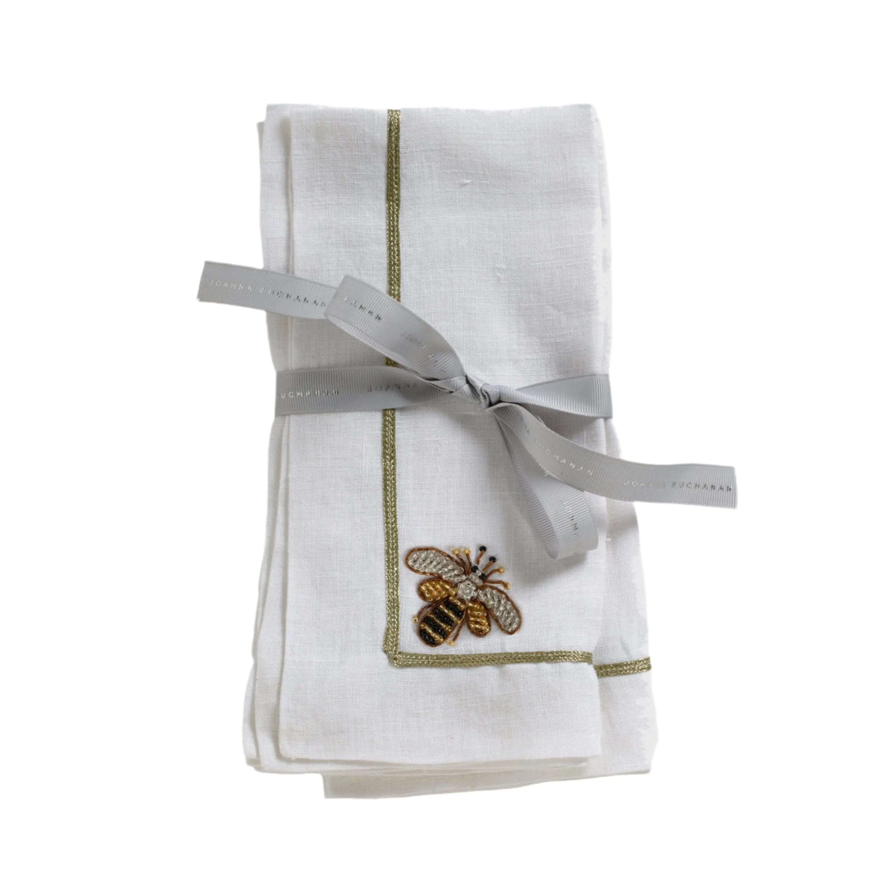 Stripey bee linen dinner napkins, white, set of two