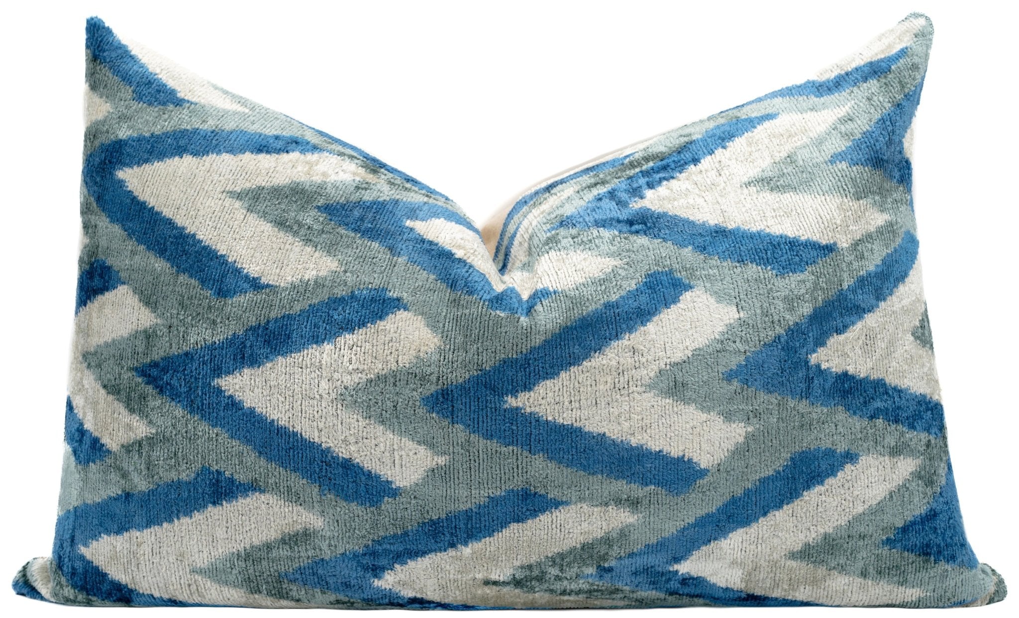 Canvello Handmade Chevron Velvet Throw Pillow in Blue and Grey - Ideal for Modern and Coastal Decor - 24x16 in