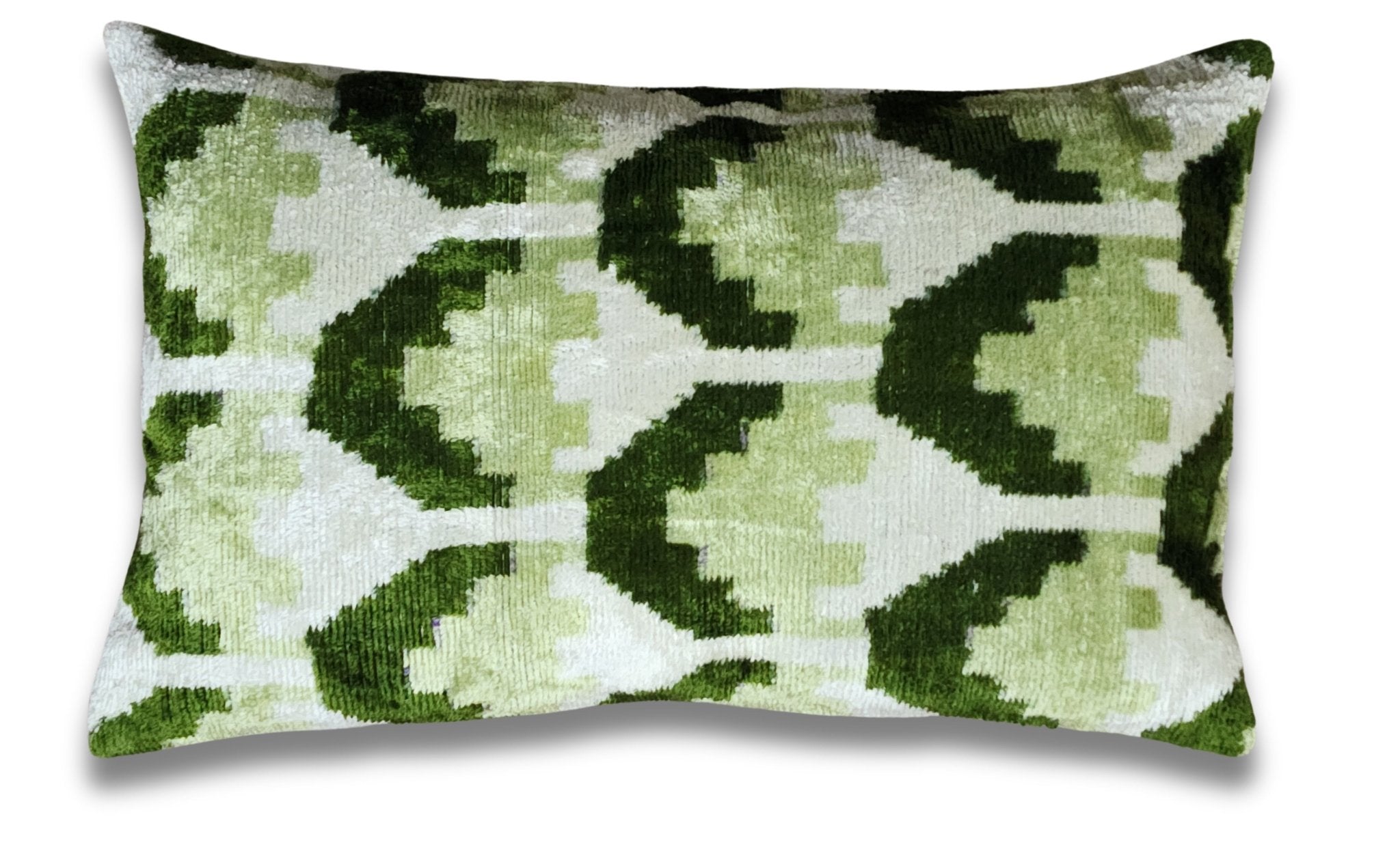 Canvello Handmade Green Geometric Silk Velvet Ikat pillow - 11"X15"