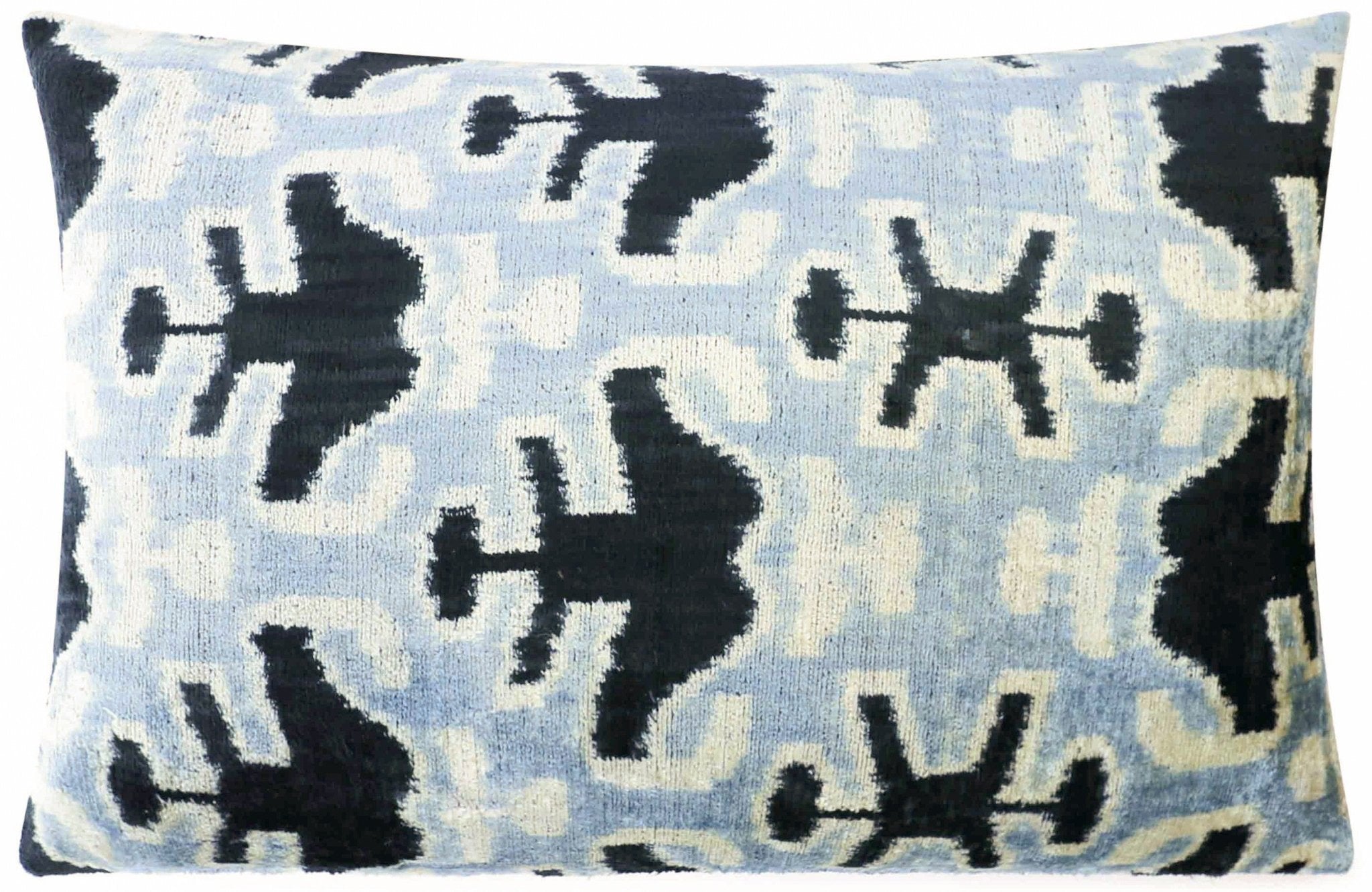 Canvello Handmade Velvet Lumbar Pillow in Gray and Black Ikat Design - High-Quality 16x24 Inch Decorative Accent with Premium Down Feather Insert for Sofas, Couches, and Interior Design