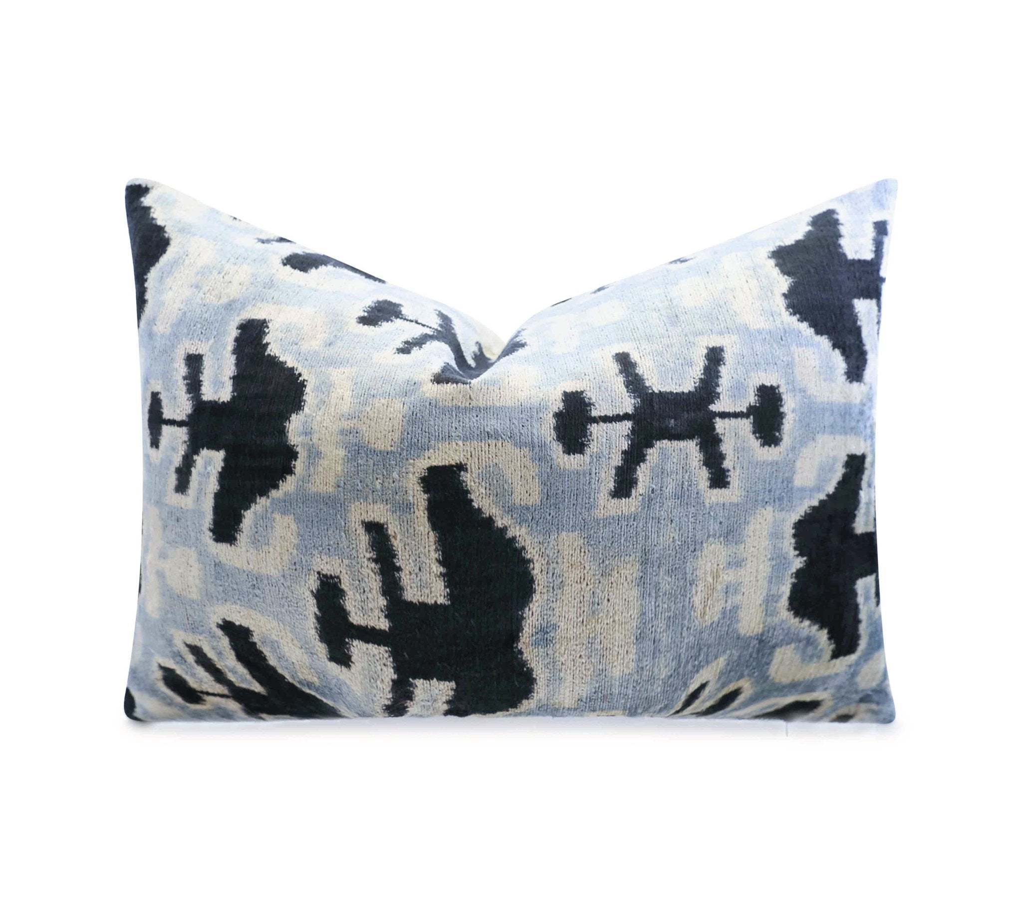 Canvello Handmade Velvet Lumbar Pillow in Gray and Black Ikat Design - High-Quality 16x24 Inch Decorative Accent with Premium Down Feather Insert for Sofas, Couches, and Interior Design