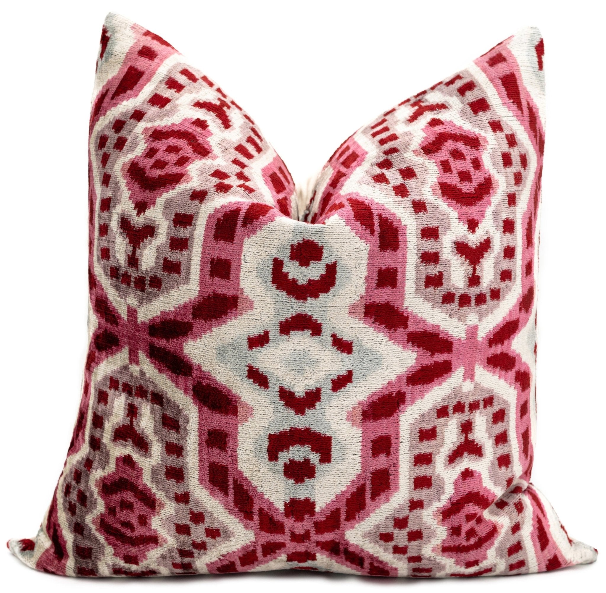 Canvello Handmade Velvet Throw Pillow with Red and Pink Ikat Design - High-Quality 20x20 Inch Decorative Accent with Premium Down Feather