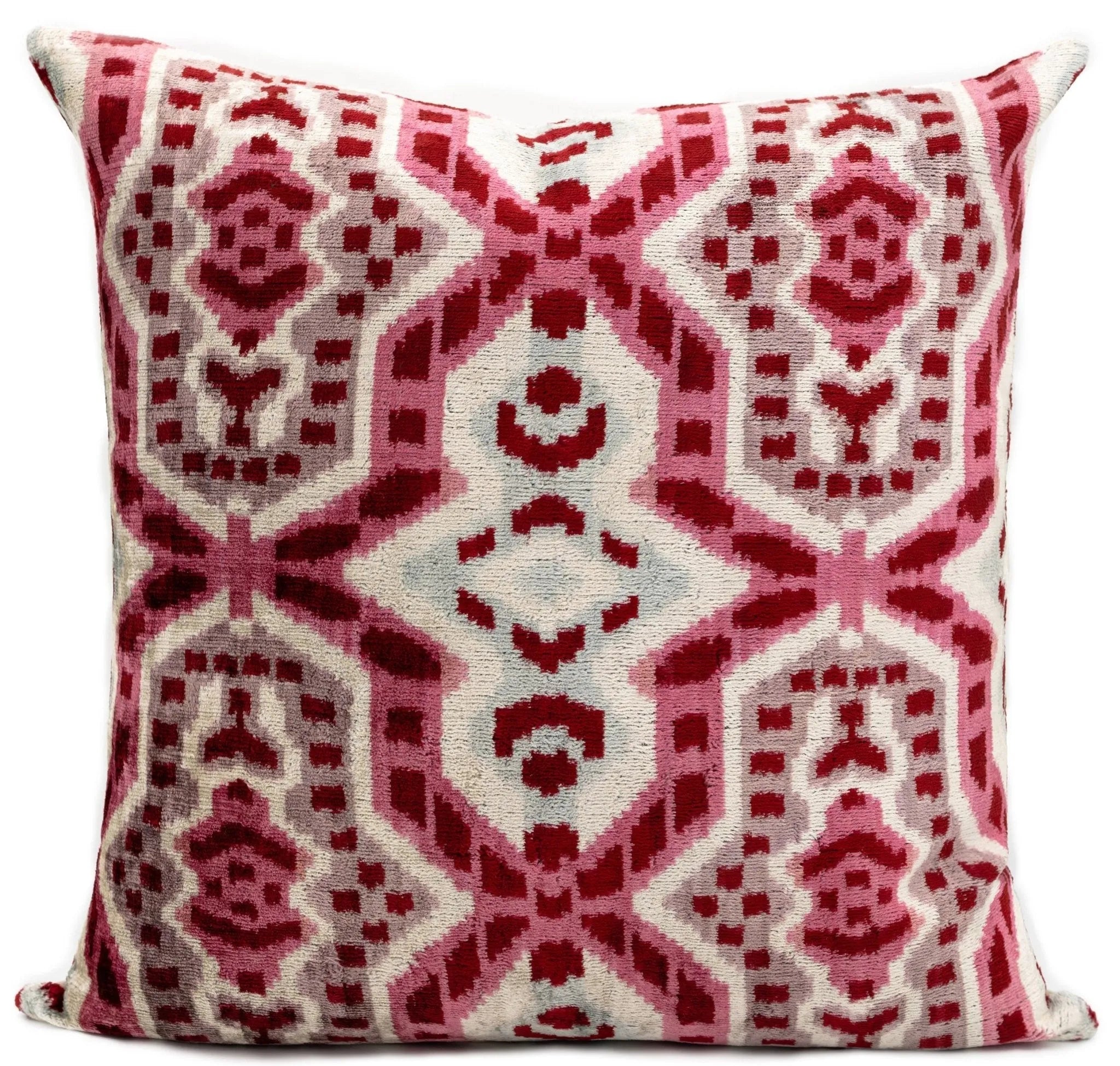 Canvello Handmade Velvet Throw Pillow with Red and Pink Ikat Design - High-Quality 20x20 Inch Decorative Accent with Premium Down Feather