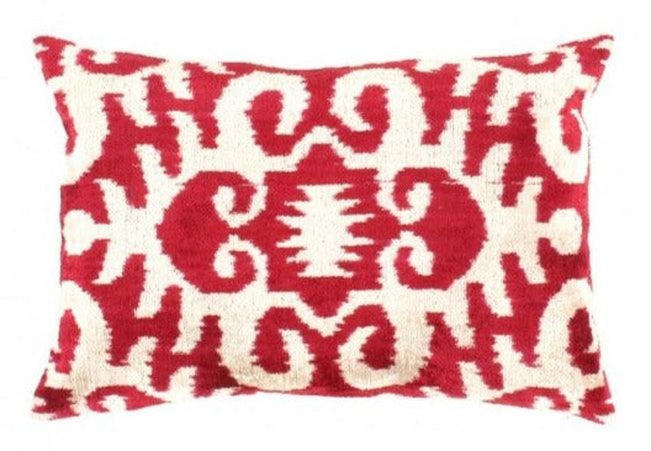 Canvello Red White Designer Ikat Velvet Throw Pillow - 16" X 24"