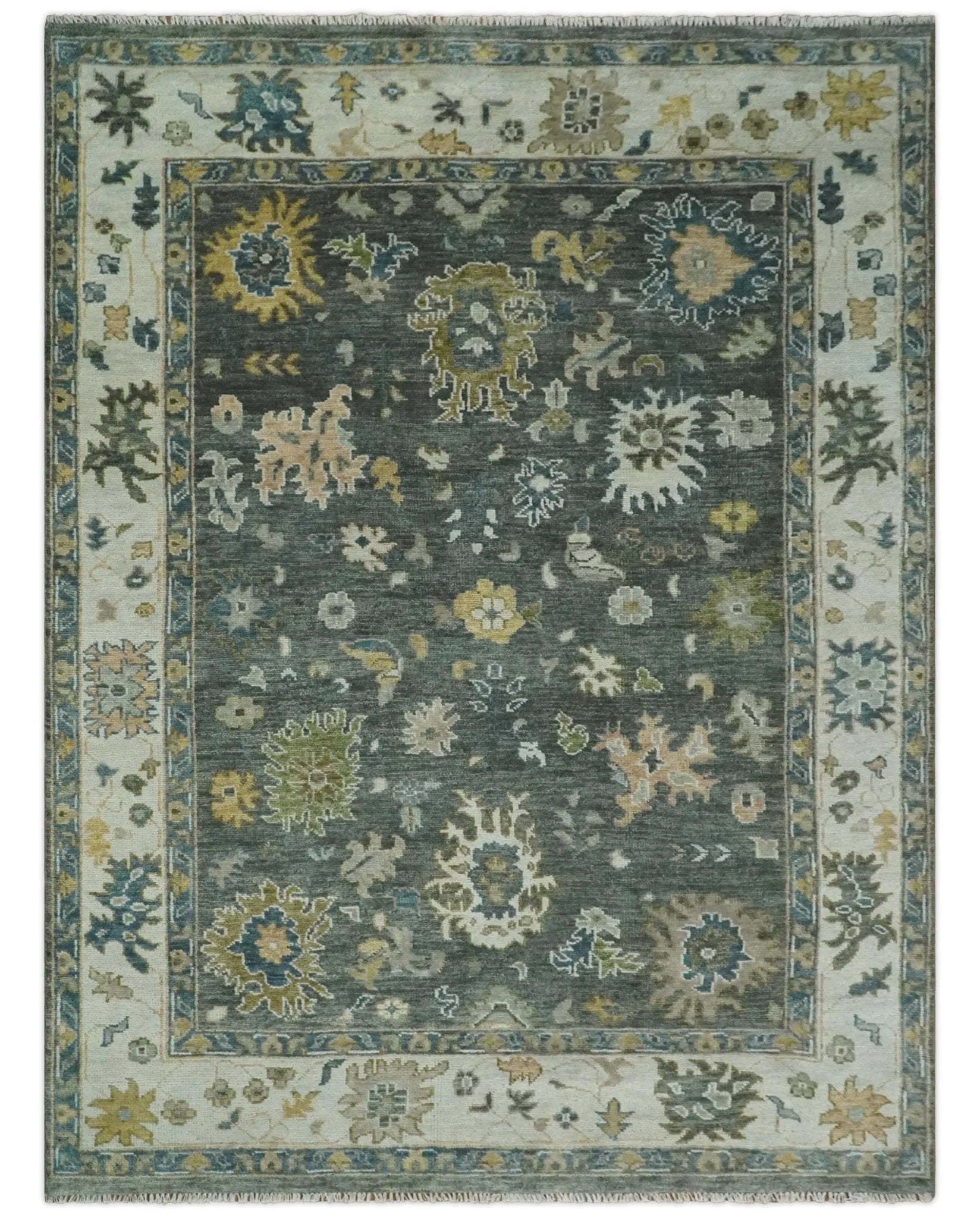 Charcoal and Ivory Hand Knotted Traditional Oushak Custom Made Wool Area Rug