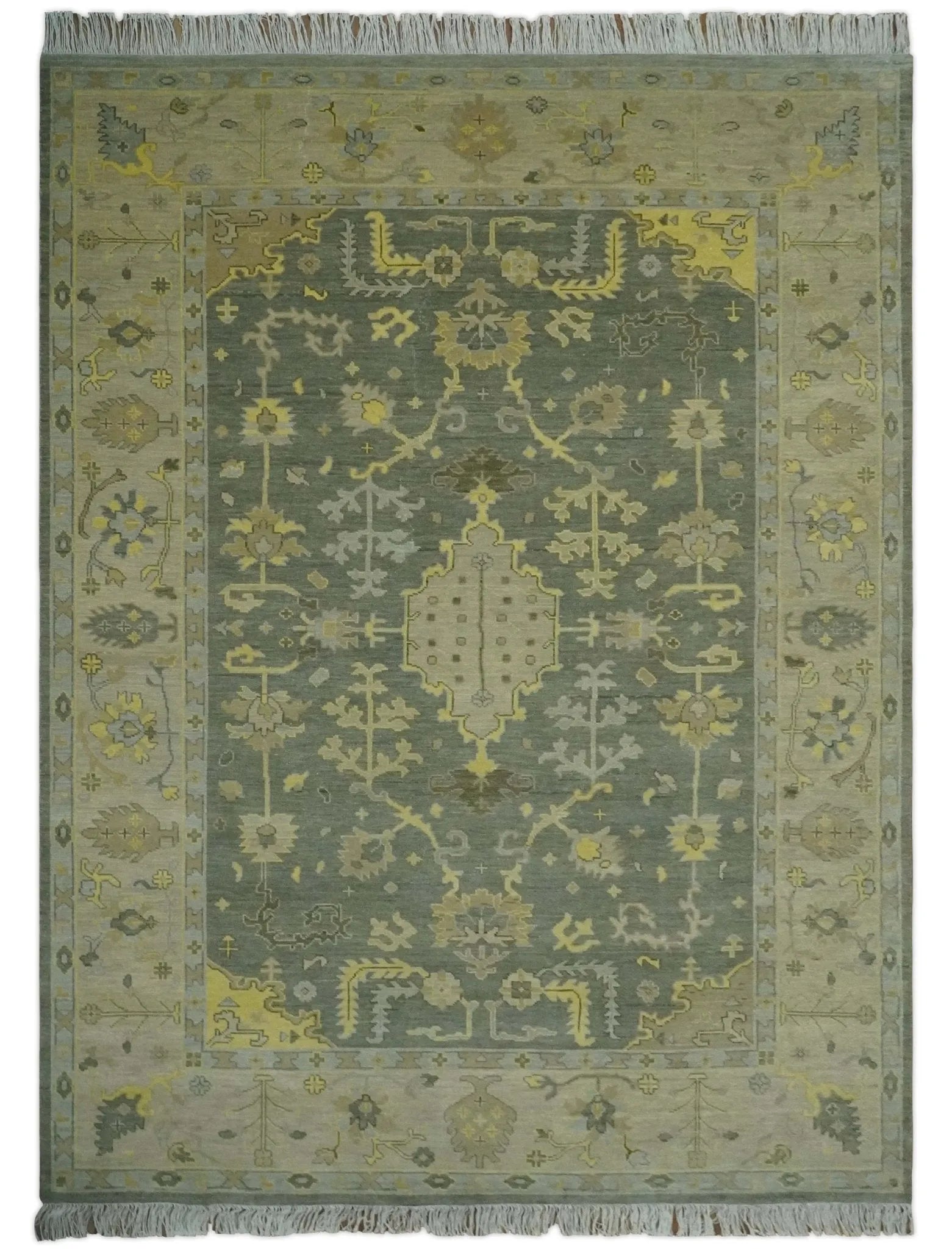 Charcoal, Olive and Mustard Hand knotted Oriental Oushak Custom Made wool Area Rug