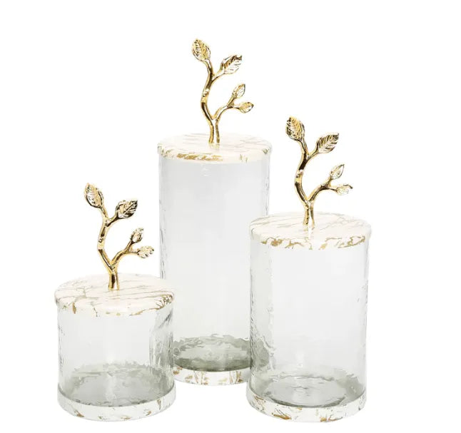 Large Glass Canister with White/Gold Marble Lid and Leaf Handle