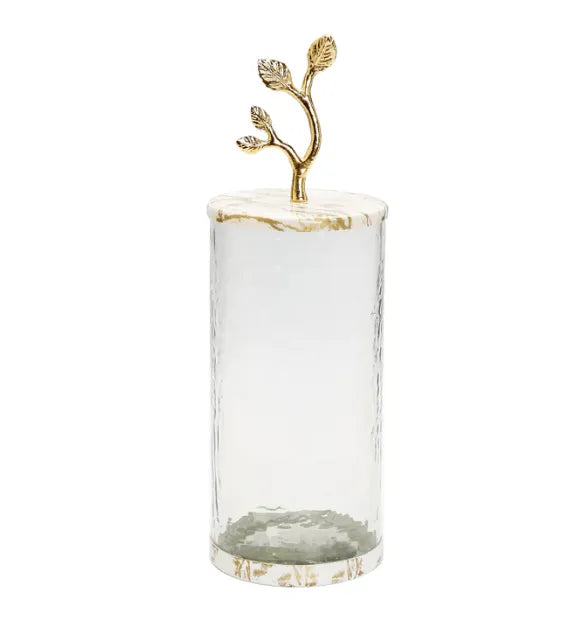 Large Glass Canister with White/Gold Marble Lid and Leaf Handle