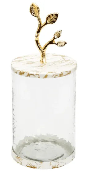 Medium Glass Canister with White/Gold Marble Lid and Leaf Handle