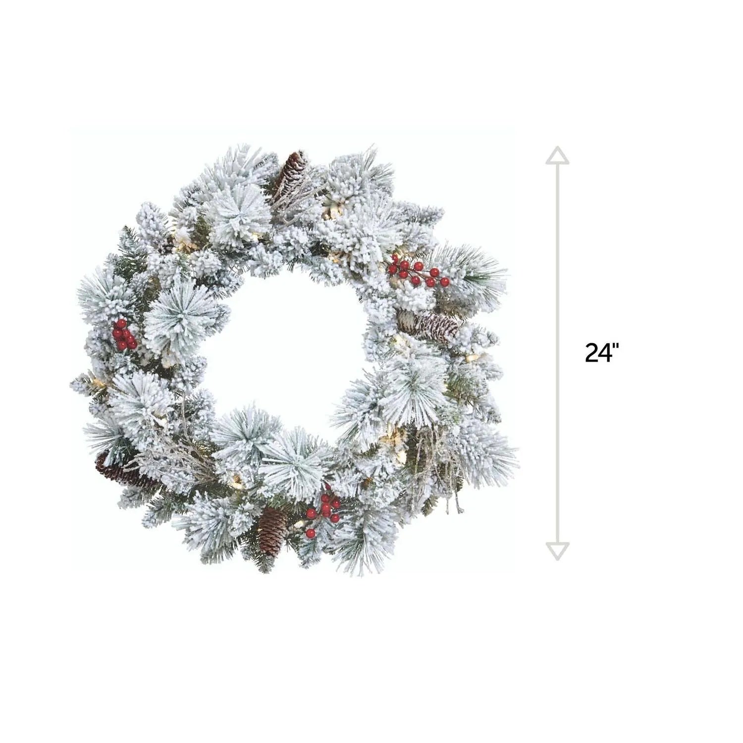 NOMA 24" Pre-Lit LED Flocked Berry Christmas Wreath with 35 Warm White Lights