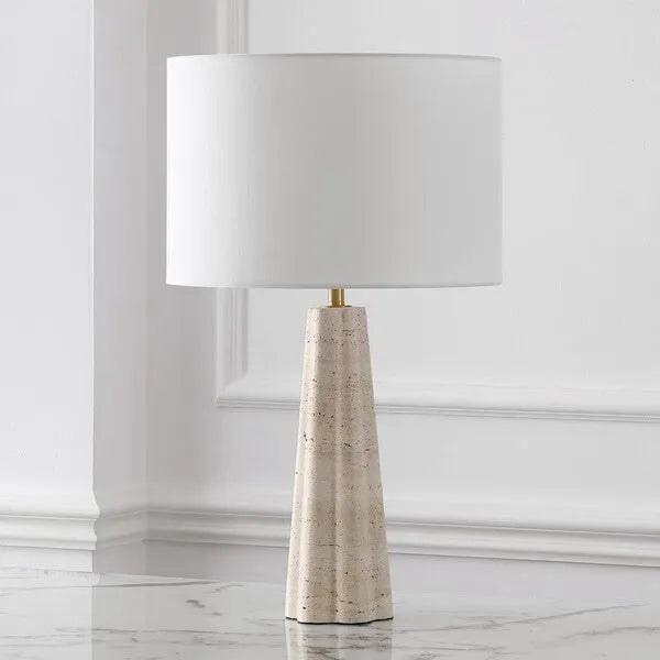 Naveen Travertine Table Lamp in White with Linen Shade