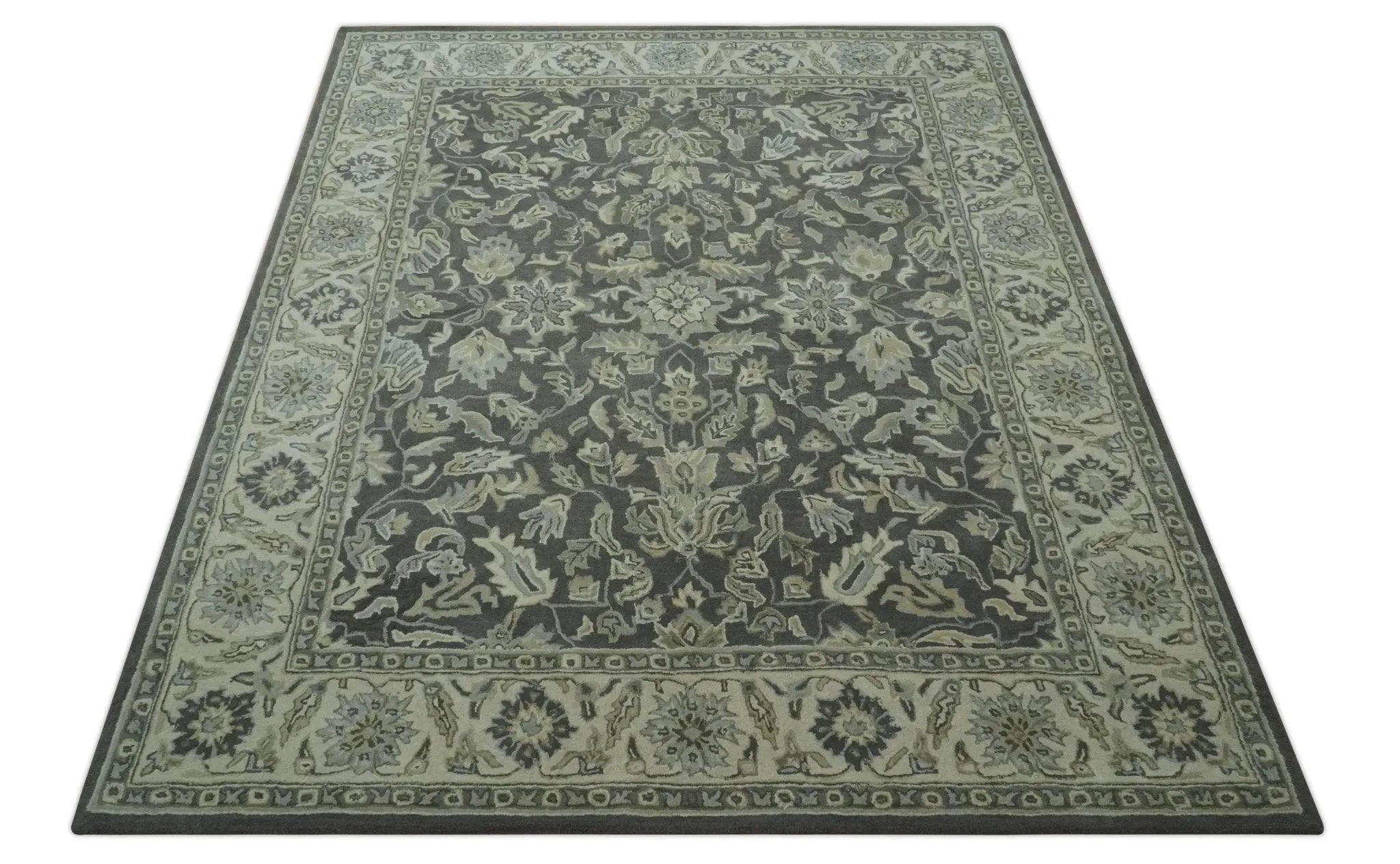 Custom Made Antique Design Charcoal and Beige Traditional Floral Hand Tufted rug