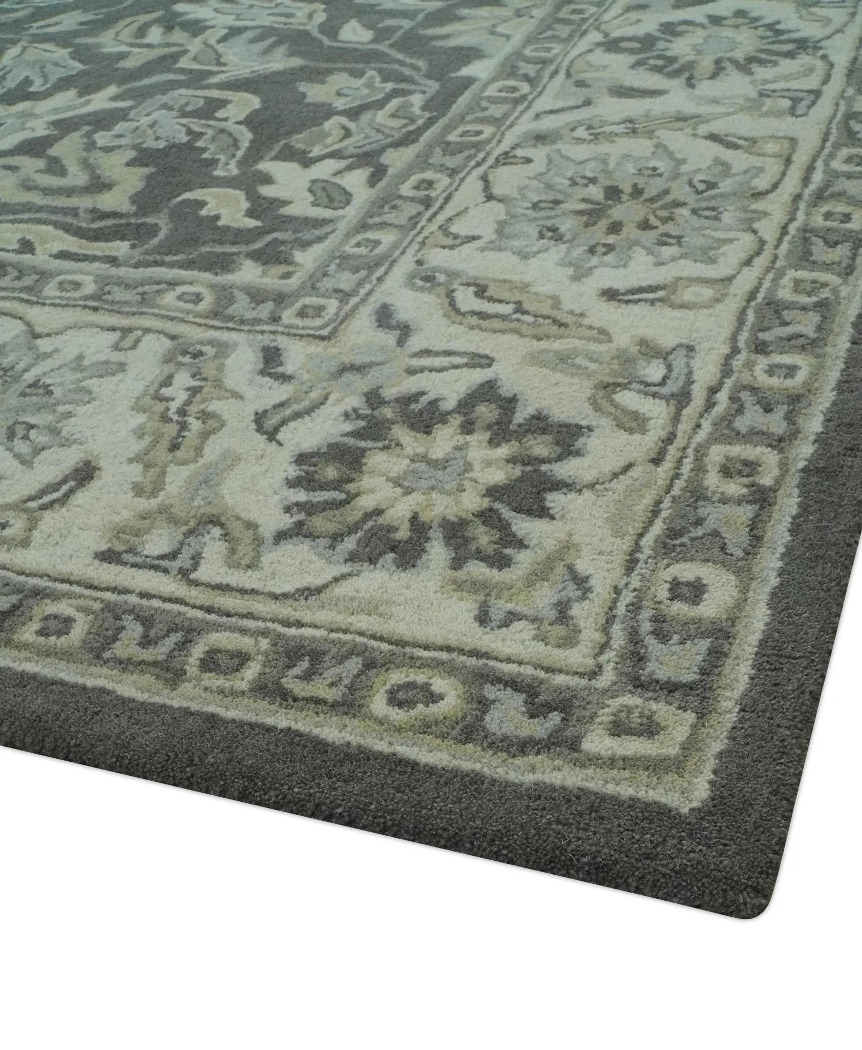 Custom Made Antique Design Charcoal and Beige Traditional Floral Hand Tufted rug