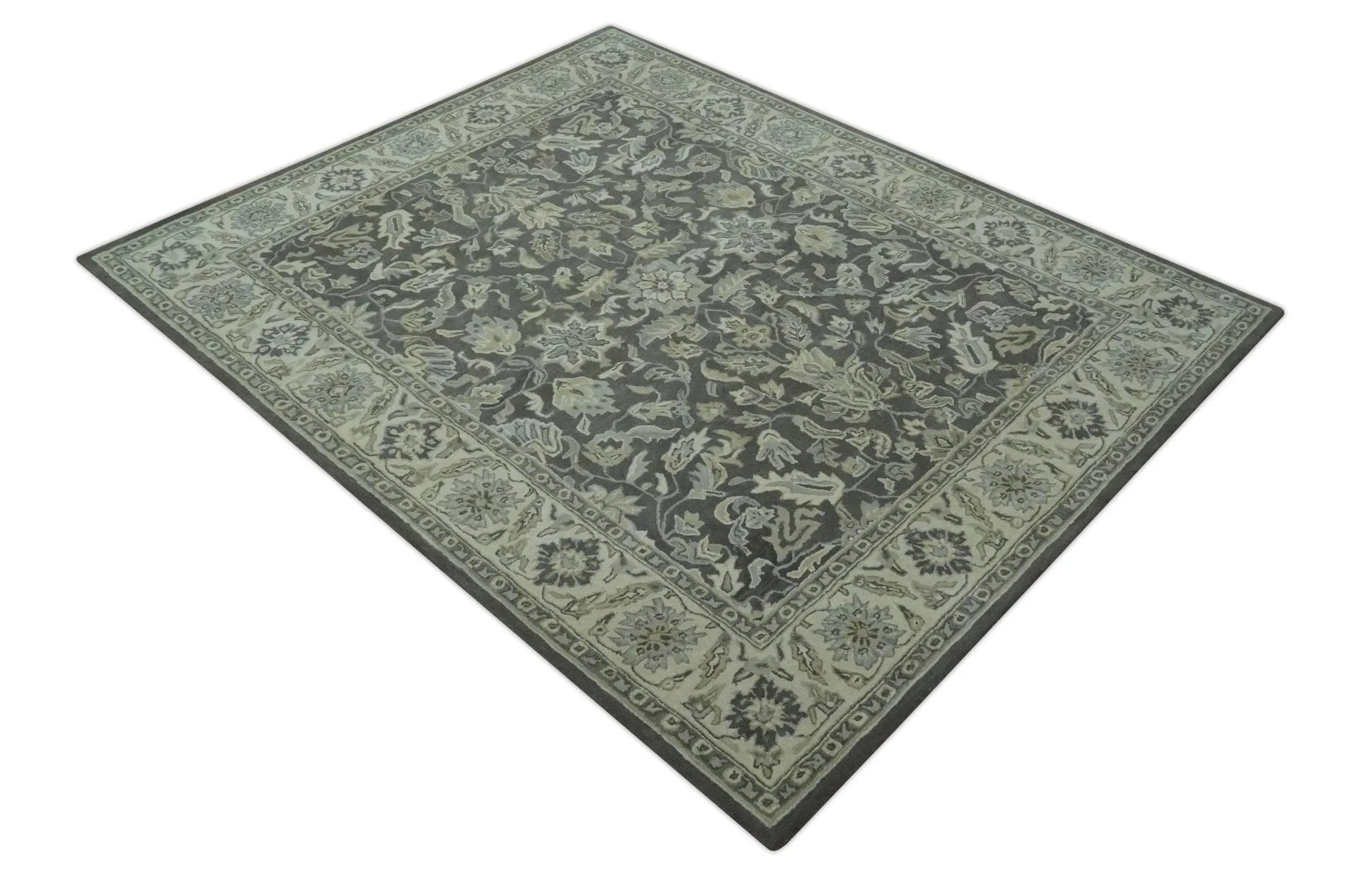 Custom Made Antique Design Charcoal and Beige Traditional Floral Hand Tufted rug