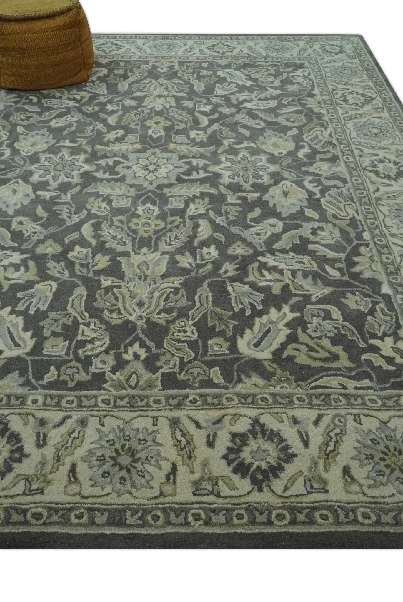 Custom Made Antique Design Charcoal and Beige Traditional Floral Hand Tufted rug