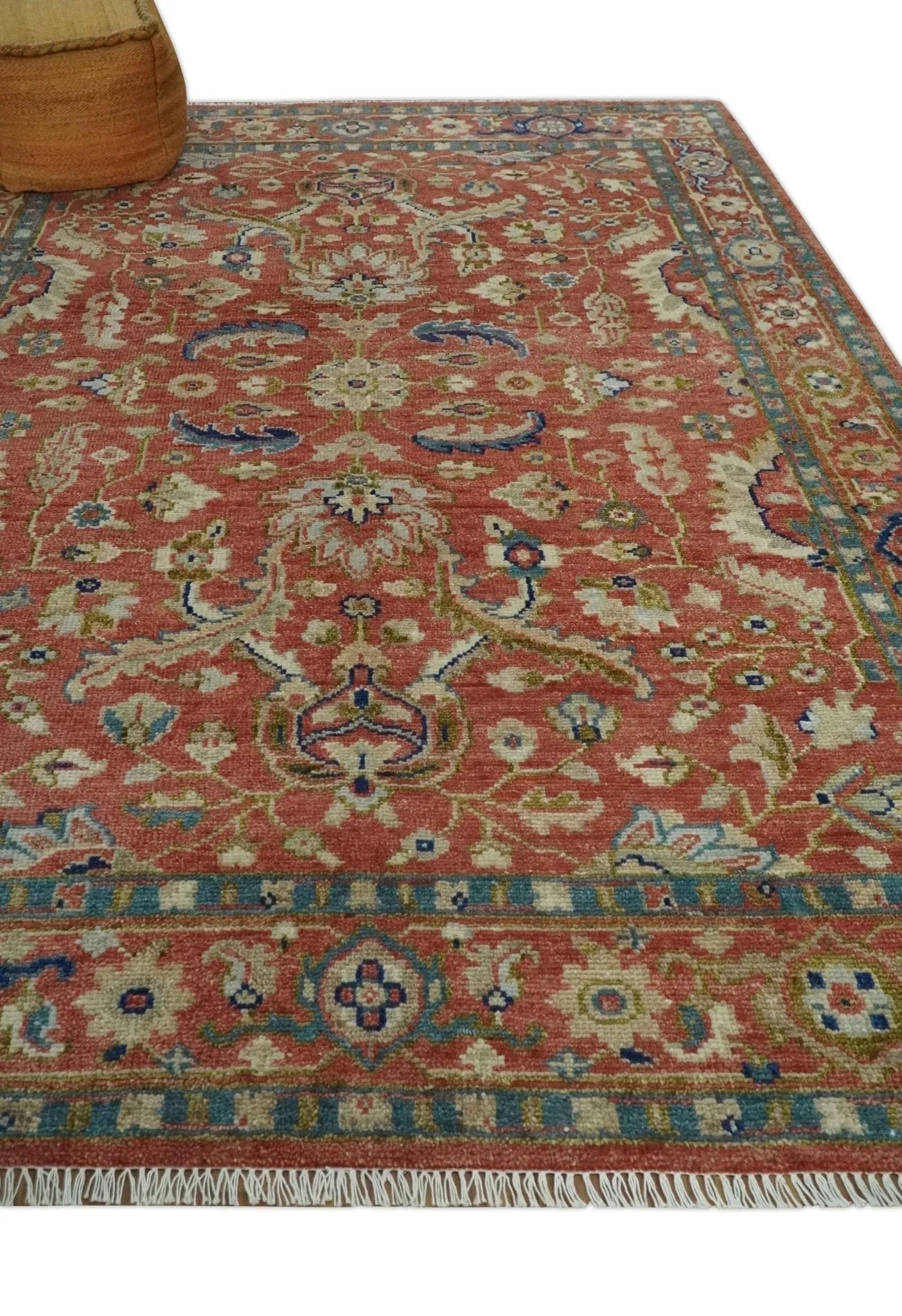 Custom Made Antique Floral Style Rust, Teal, Ivory and Olive Hand Knotted Oriental Oushak Wool Area Rug