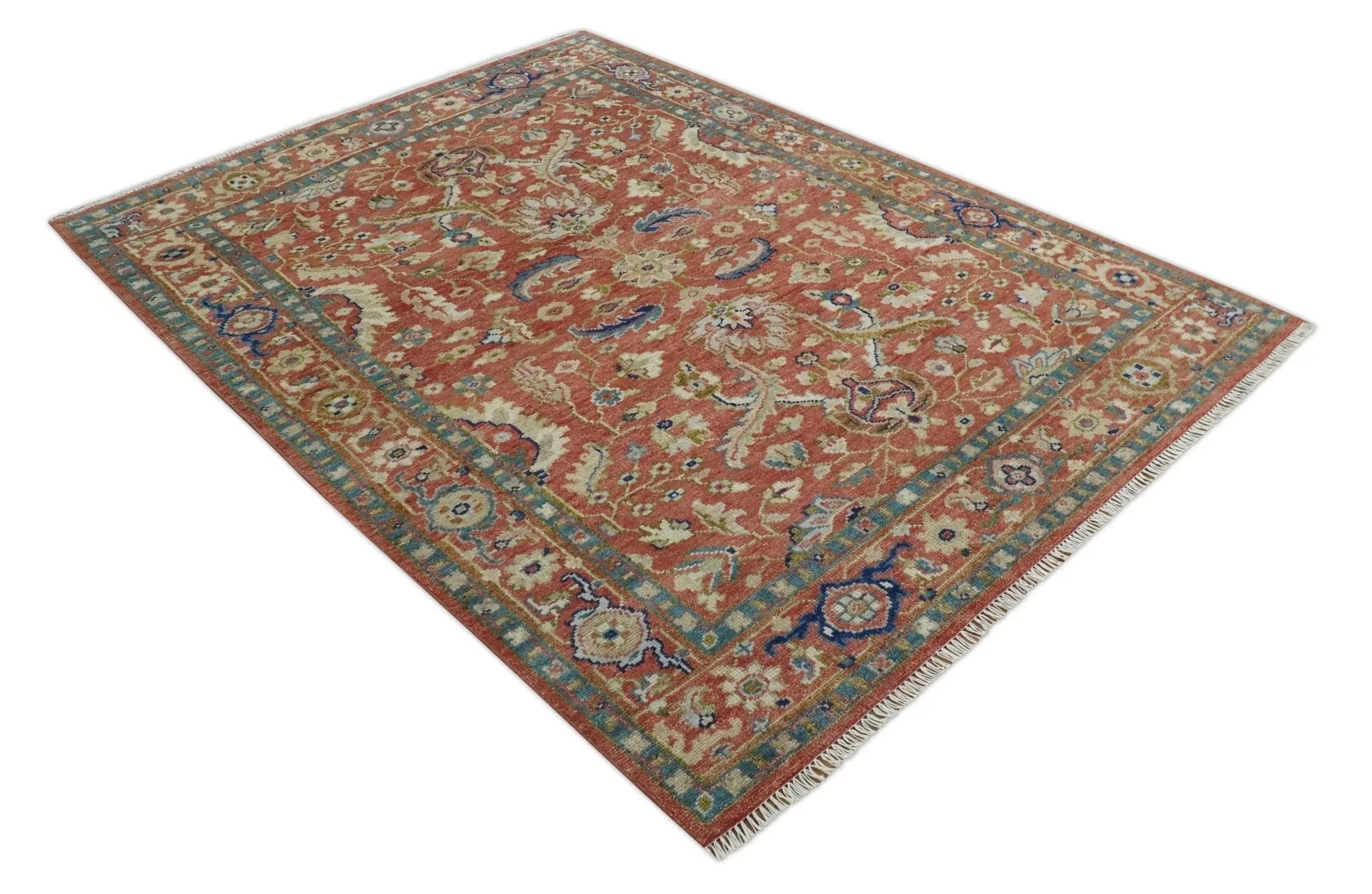 Custom Made Antique Floral Style Rust, Teal, Ivory and Olive Hand Knotted Oriental Oushak Wool Area Rug