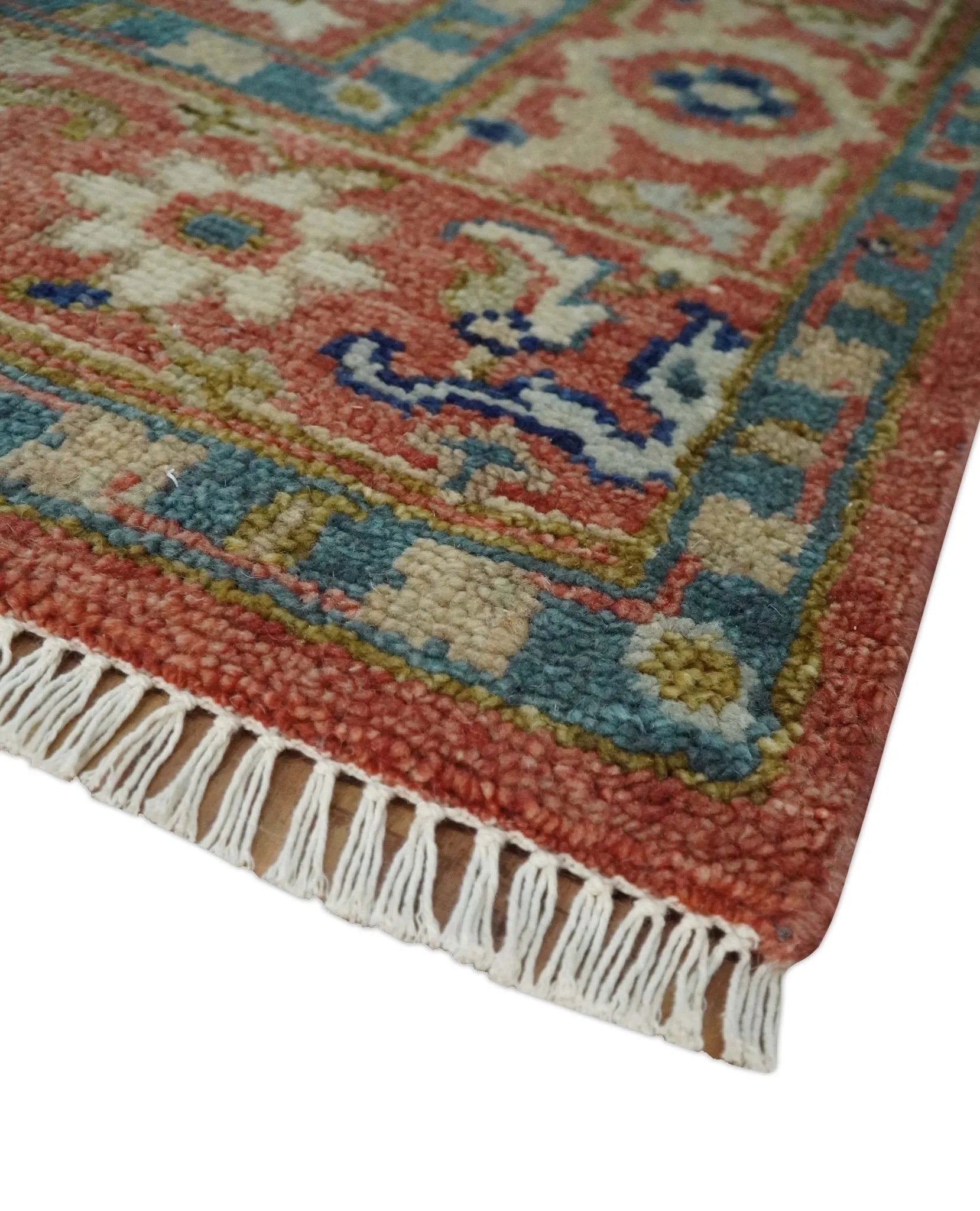 Custom Made Antique Floral Style Rust, Teal, Ivory and Olive Hand Knotted Oriental Oushak Wool Area Rug