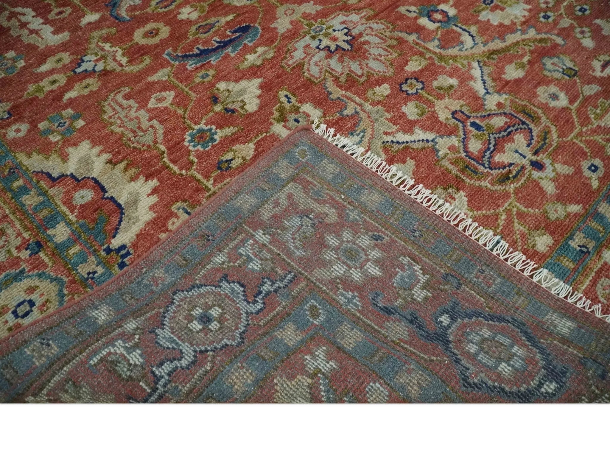 Custom Made Antique Floral Style Rust, Teal, Ivory and Olive Hand Knotted Oriental Oushak Wool Area Rug